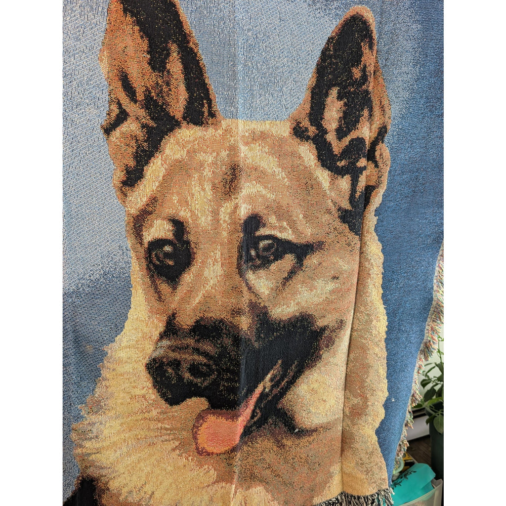 Vintage Linda Picken German Shepherd Dog Woven Tapestry Throw Blanket 47x60 USA Cotton Fringe