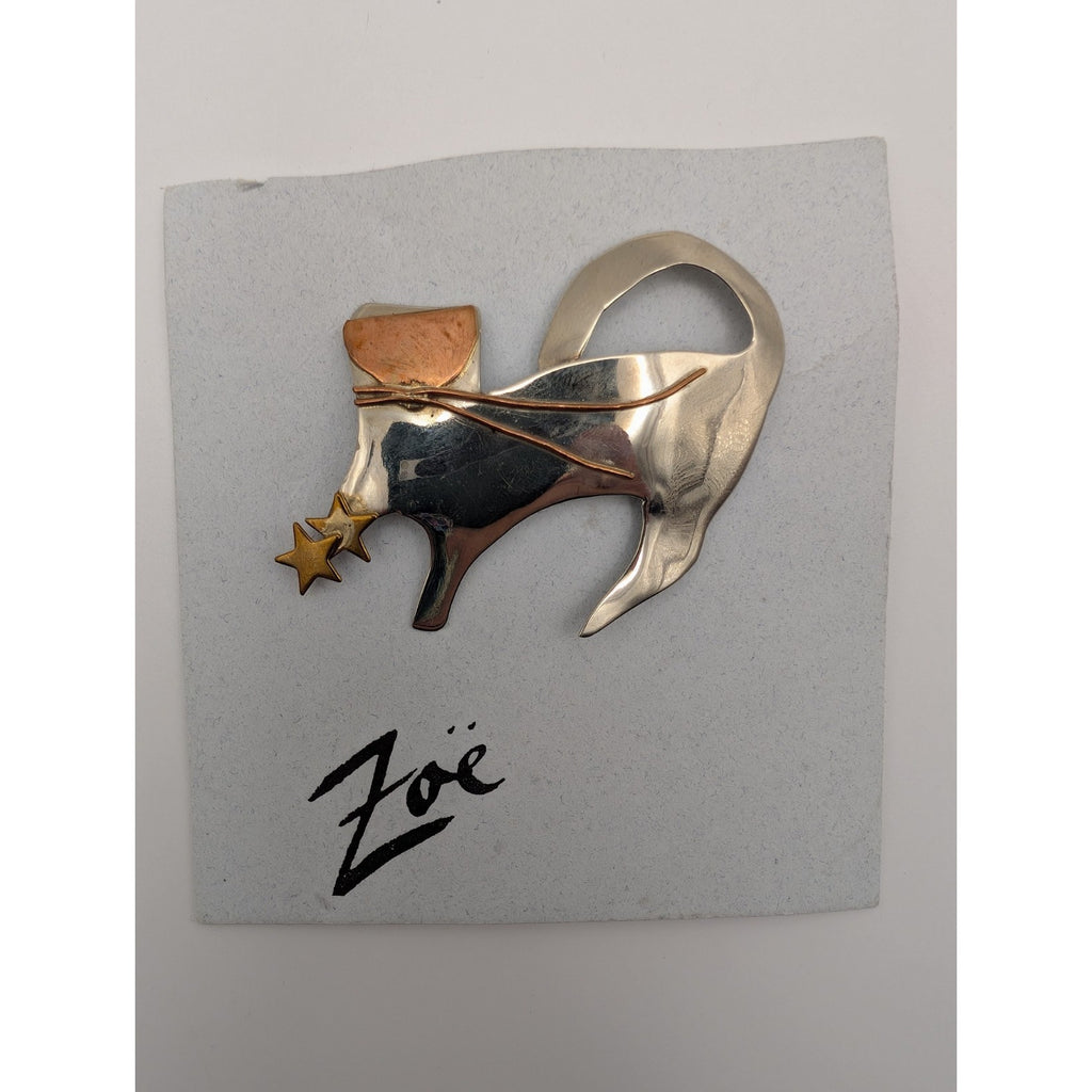 Signed Zoë Artisan Mixed Metal Celestial Cat Brooch with Stars