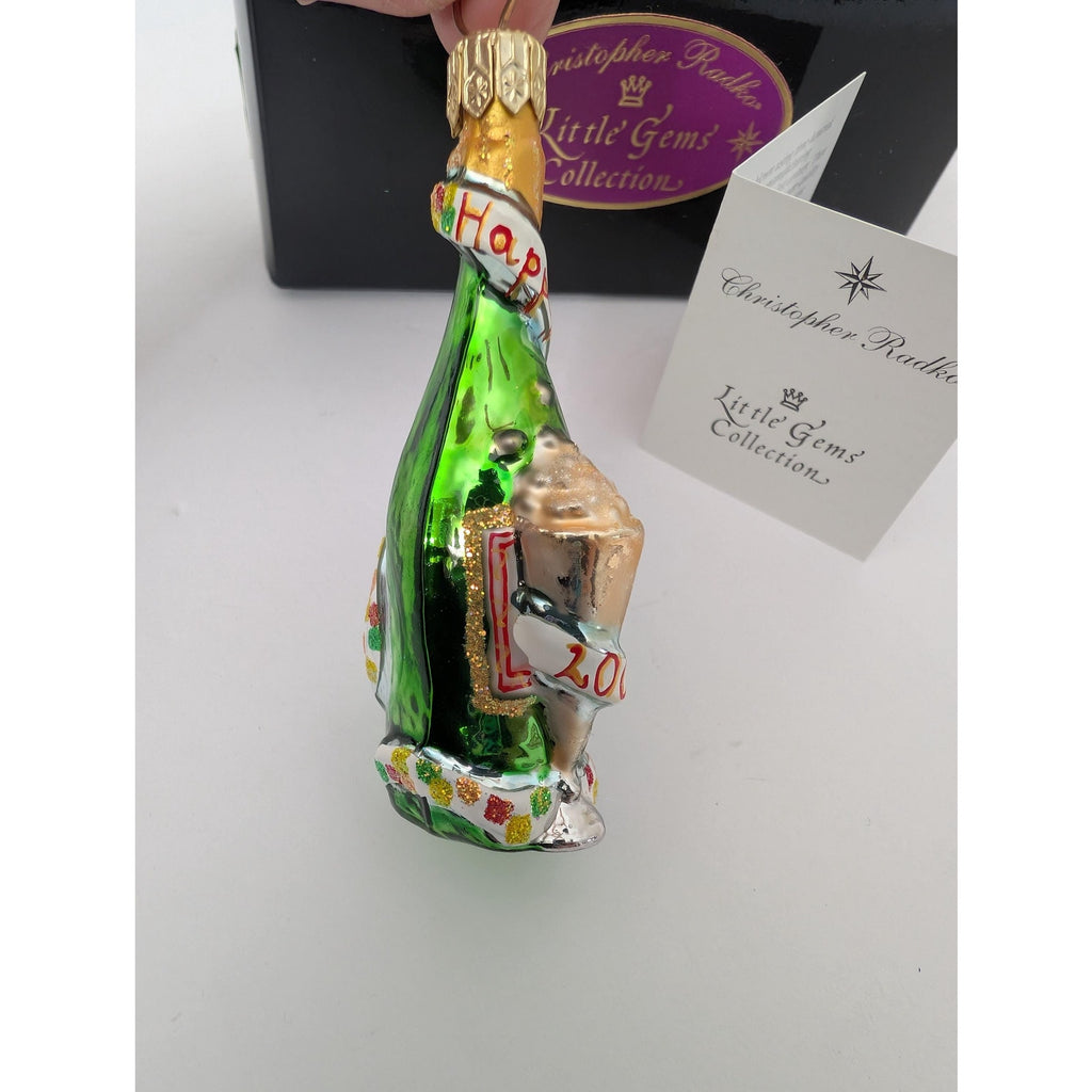 2000 Christopher Radko "Little Gems" Champagne Bottle Glass Ornament Happy New Year