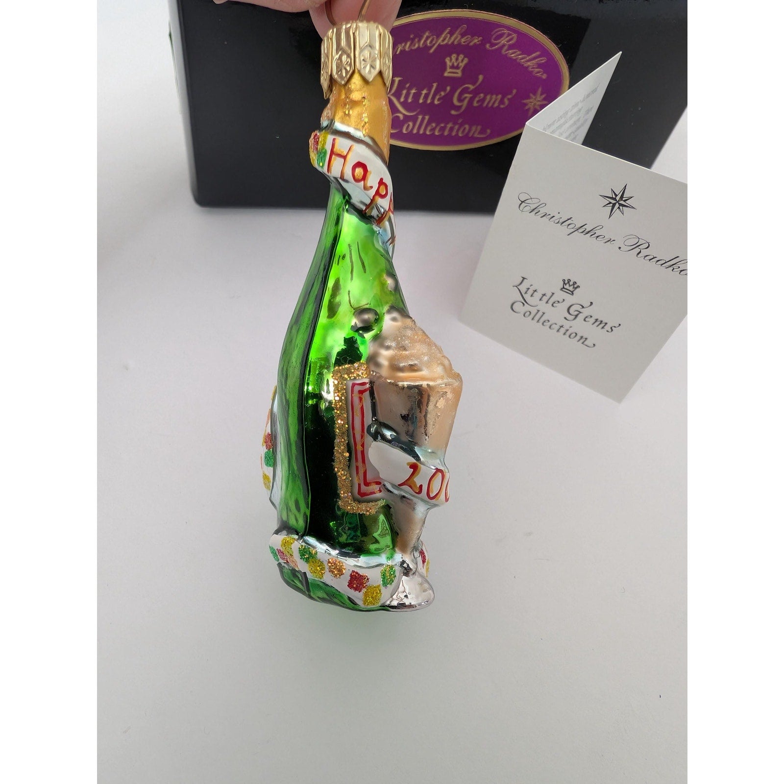 2000 Christopher Radko "Little Gems" Champagne Bottle Glass Ornament Happy New Year