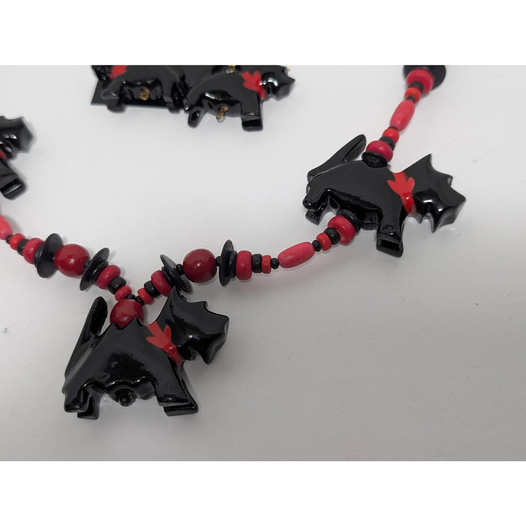 Vintage Scottie Dog Jewelry Set Black Red Wood Beaded Necklace and Matching Dangle Earrings