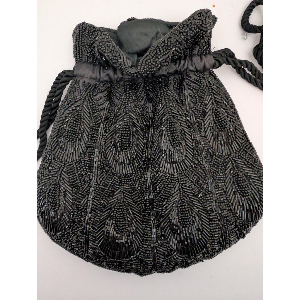Vintage Black Beaded Drawstring Reticule Purse Handbag With Peacock Feather Pattern