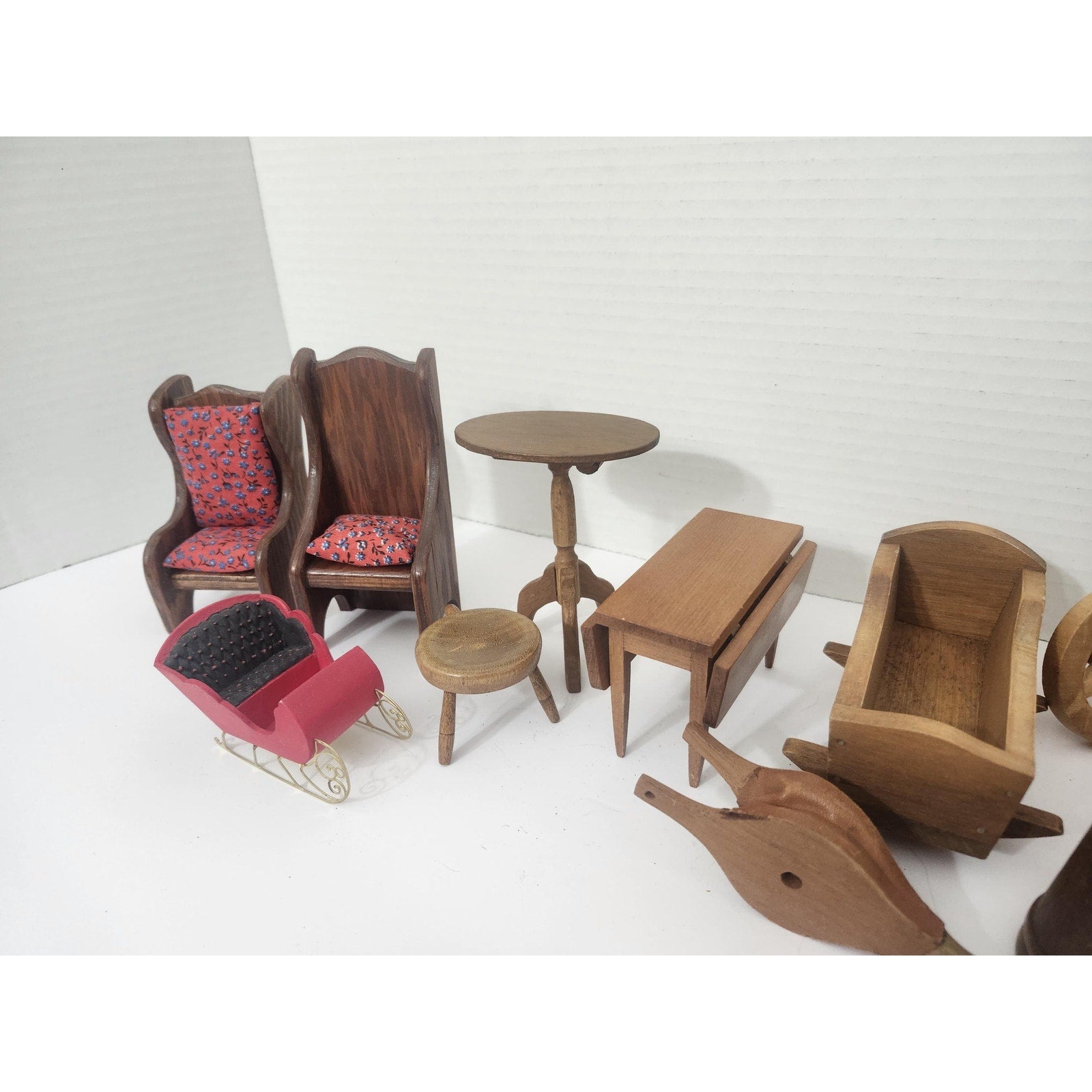 Vintage Miniature Dollhouse Furniture Lot Wood and Metal Pieces Sleigh Churn