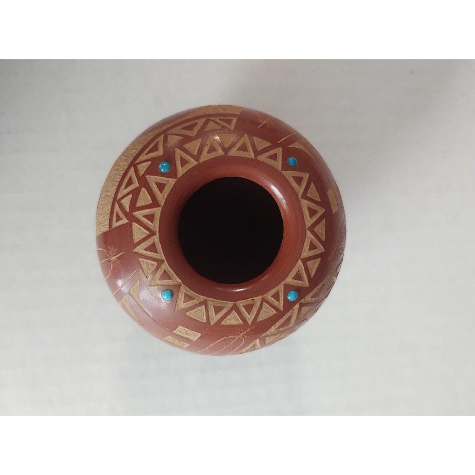 Stunning Native American Red Starr Sioux Buffalo Pottery Vase Turquoise Inlay