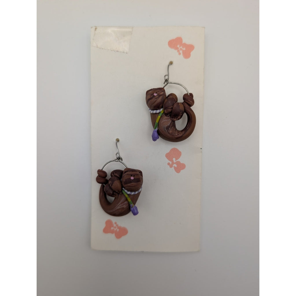 VIntage Chameleon Club Cat with Flower Polymer Clay Earrings by Debby Pasquale