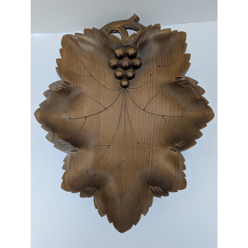 Vintage Swiss Musical Fruit Bowl Raeber Muller Hand Carved Grape Leaf Wood Art
