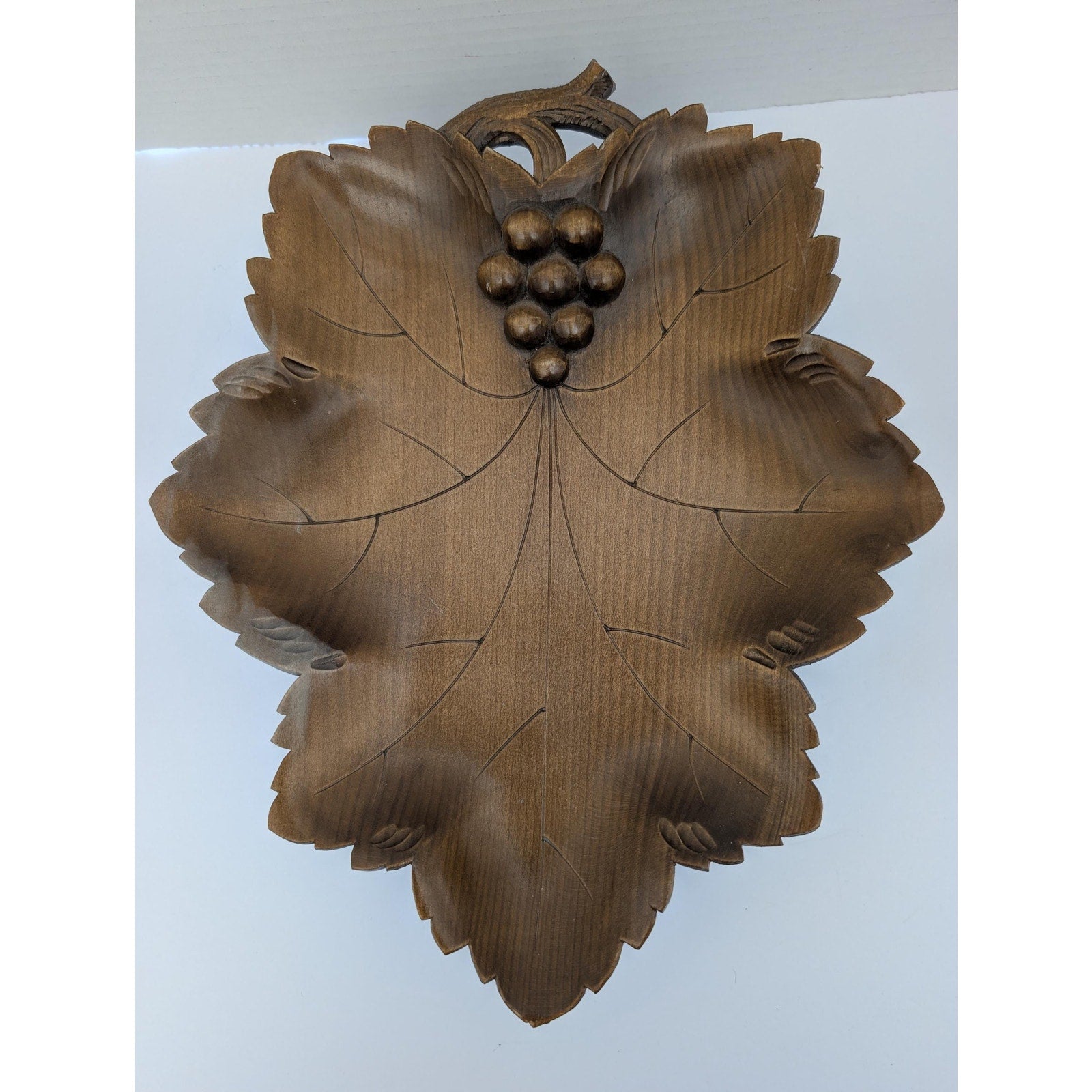 Vintage Swiss Musical Fruit Bowl Raeber Muller Hand Carved Grape Leaf Wood Art