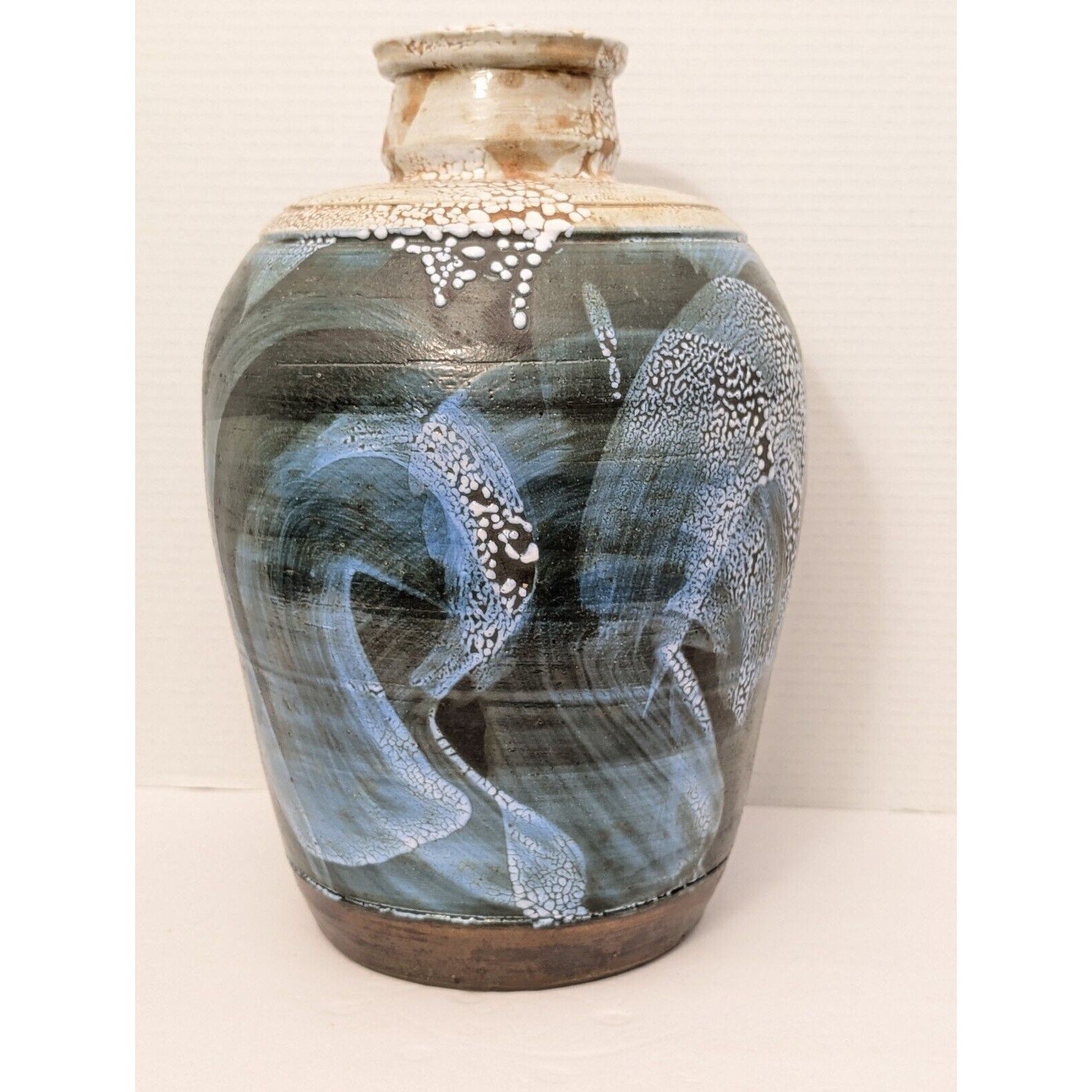 Amazing Drip Glazed Blue Tan Signed Studio Pottery Large Vase