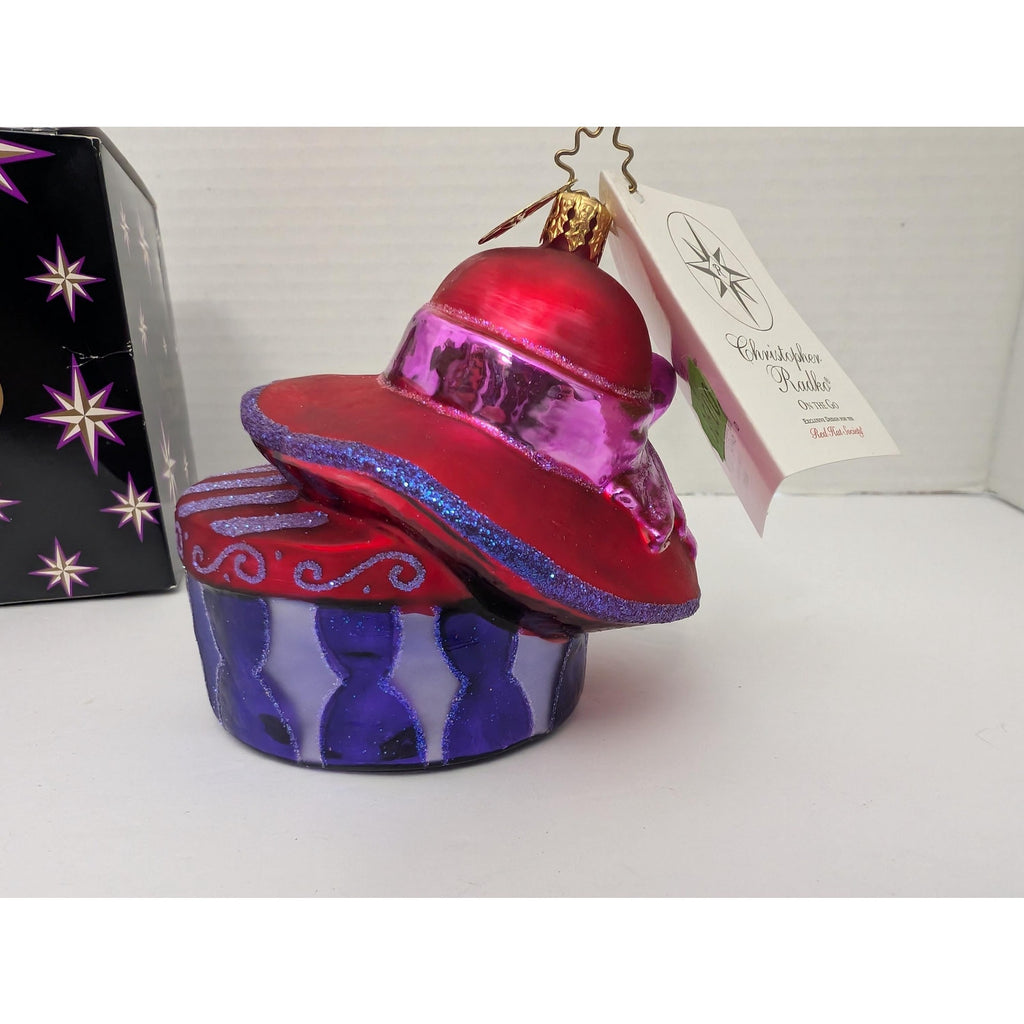 Christopher Radko On The Go Red Hat Society Glass Ornament Boxed Hatbox