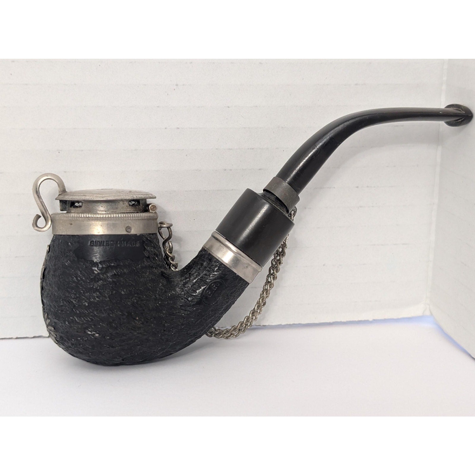 Vintage BBK Swiss Made Lidded Tobacco Pipe Rusticated Briar Edelweiss Chamois Andy