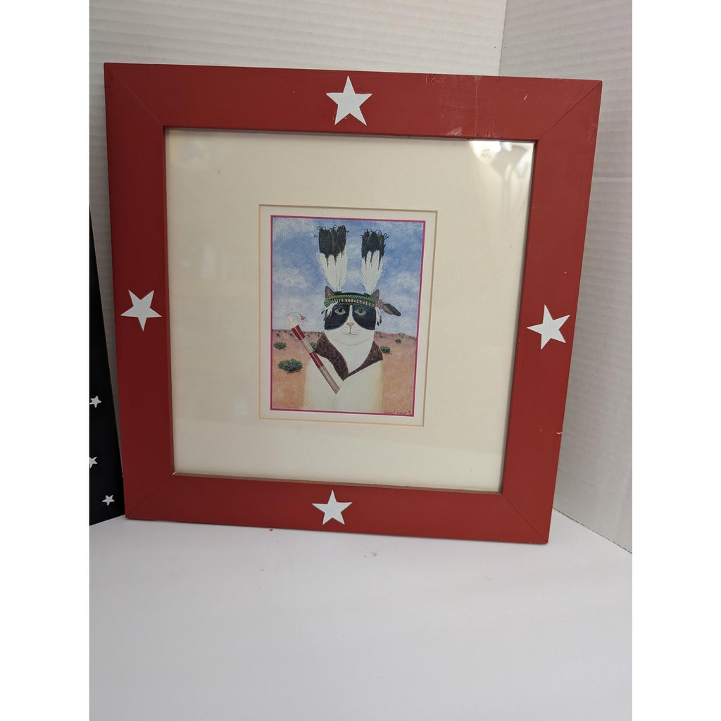 Mary Lake Thompson Set of 2 Whimsical Cat Prints Framed Matted Stars Art Decor