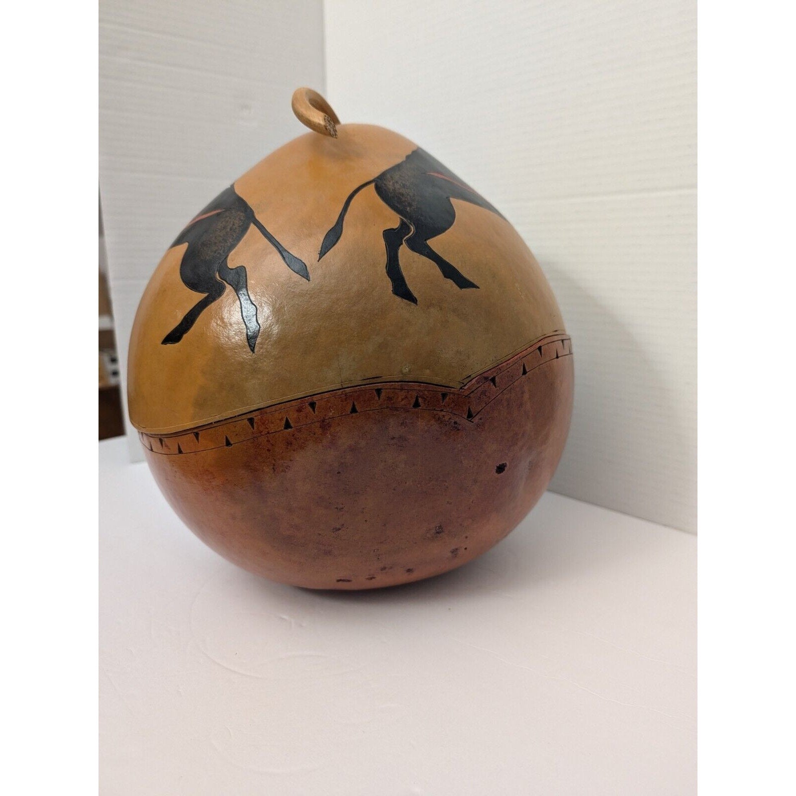 Very Large Native American Hand Painted Gourd Feathers And Buffalo Design