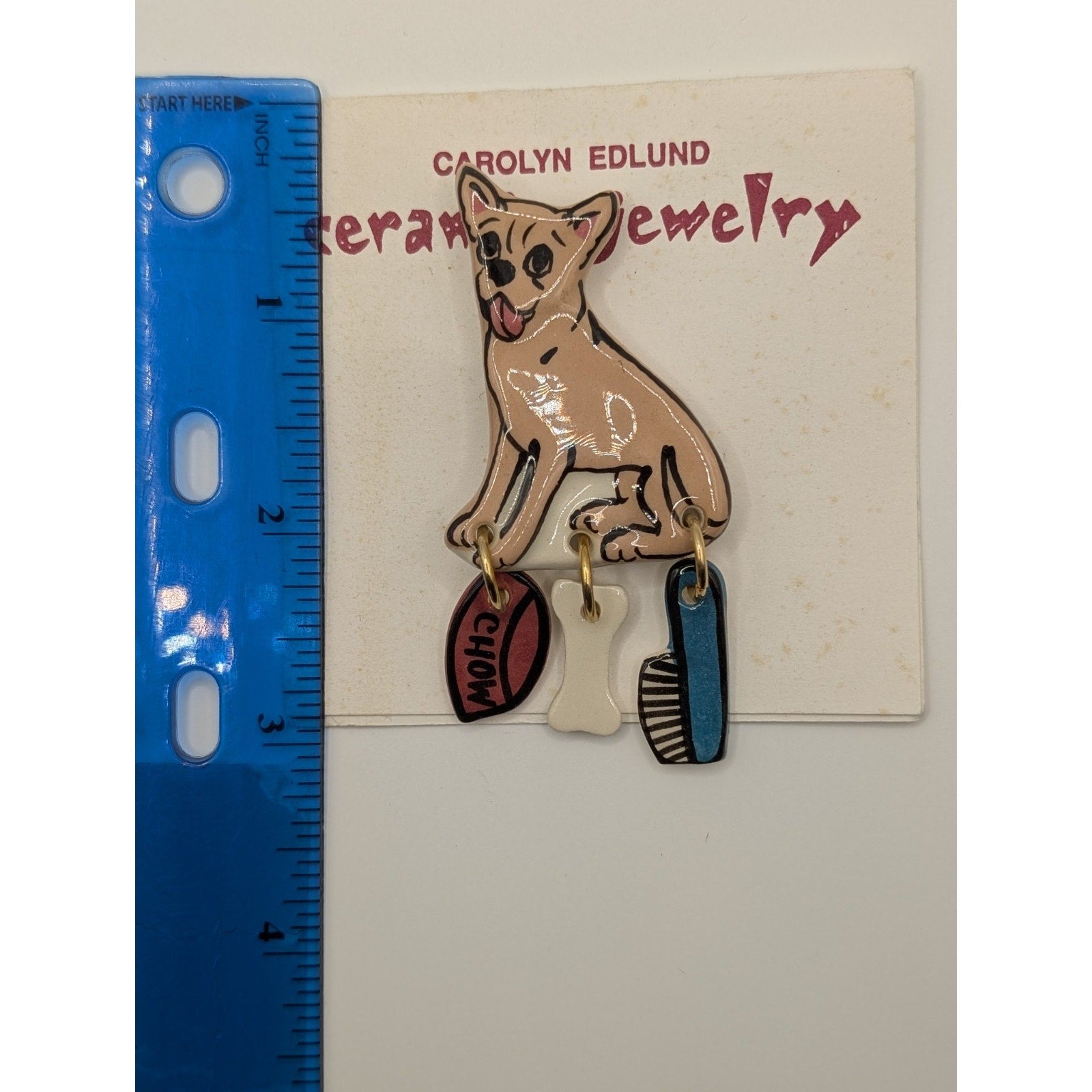 Signed Carolyn Edlund Handcrafted Ceramic Chihuahua Dog Brooch with Dangles
