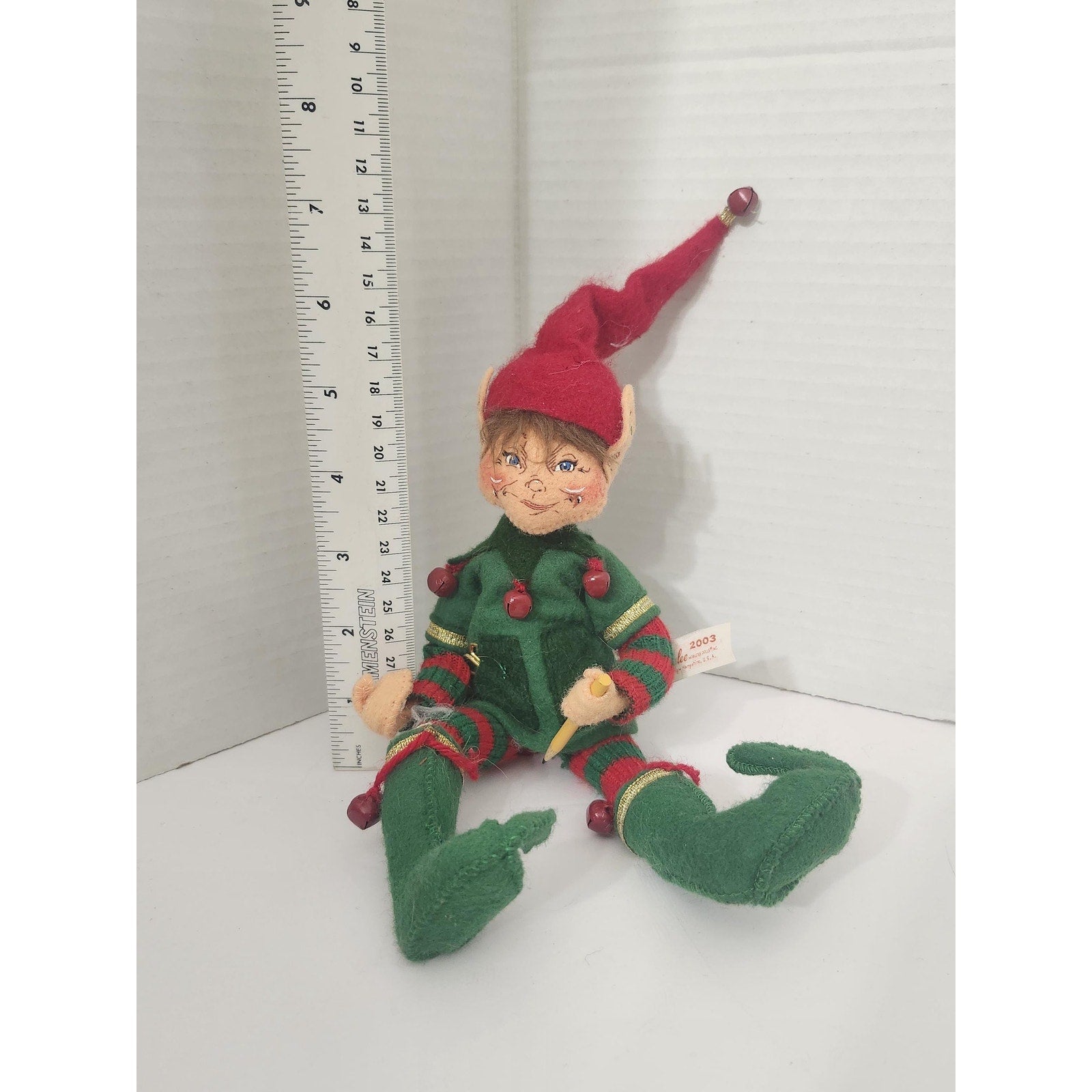 Vintage 2003 Annalee Mobilitee Christmas Elf Doll with Pencil Jingle Bells