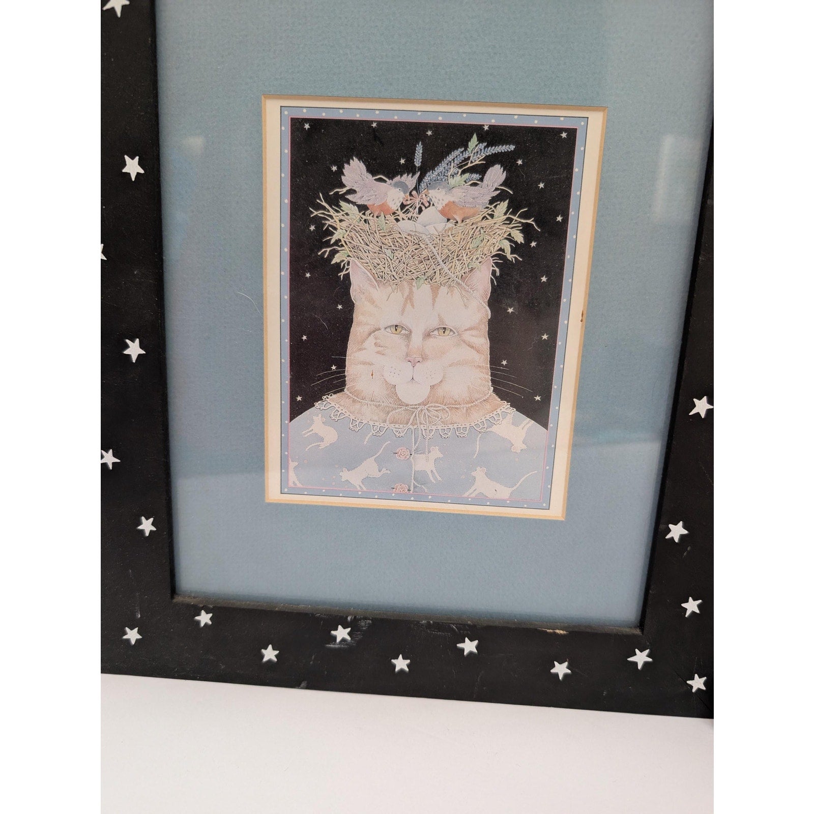 Mary Lake Thompson Set of 2 Whimsical Cat Prints Framed Matted Stars Art Decor