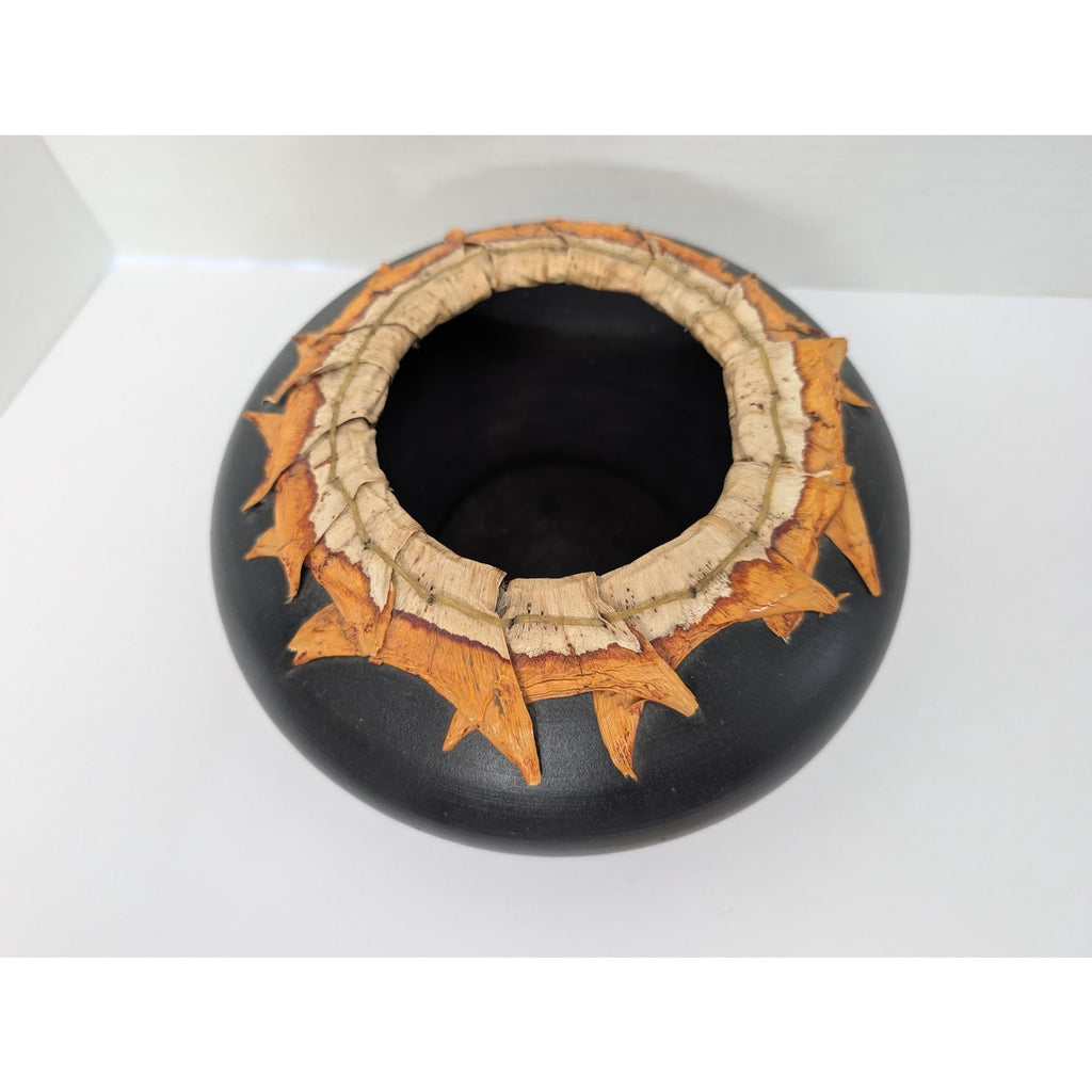 Smoke Fired Stoneware Dracena Vase Michael Christine Adcock Studio Pottery Woven Fiber Art Ceramic Bowl Black Signed