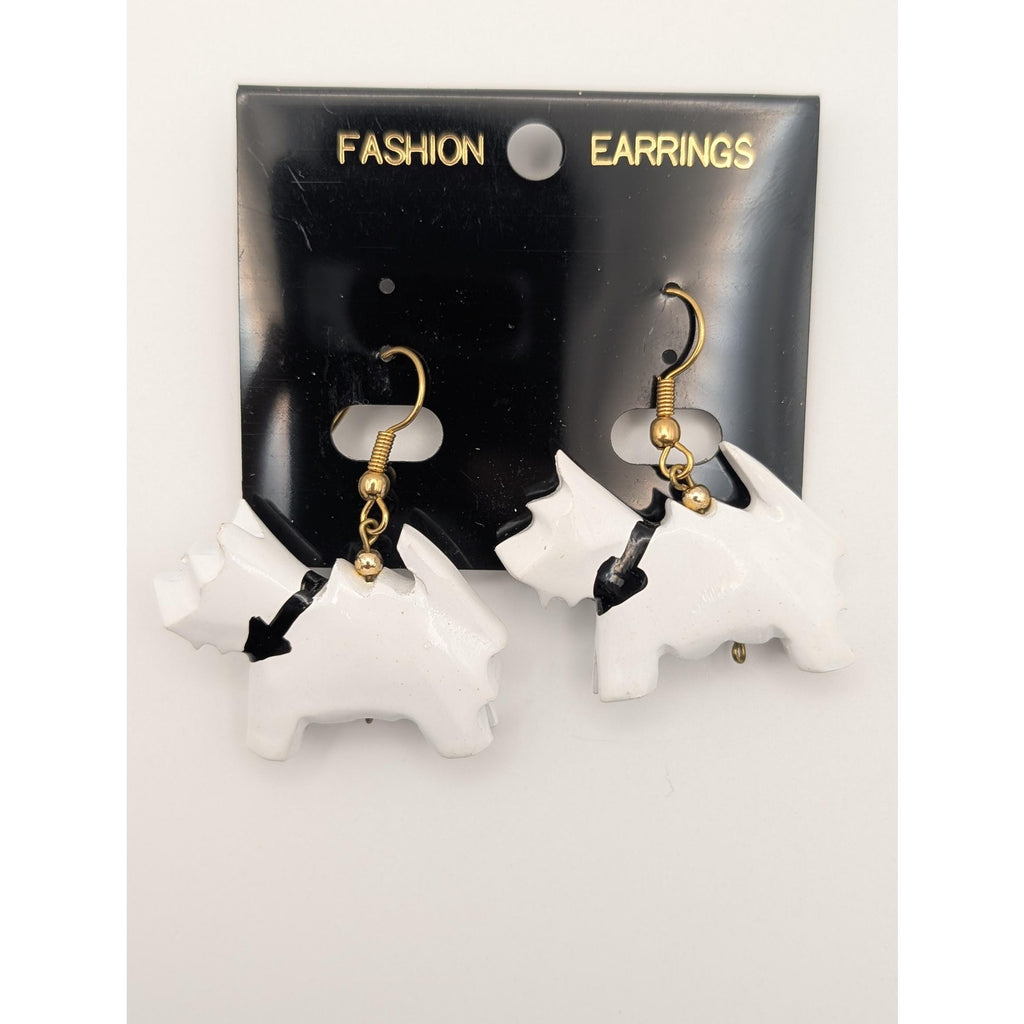White Wooden Scottie Dog Dangle Earrings - Hand Painted Scottish Terrier Jewelry