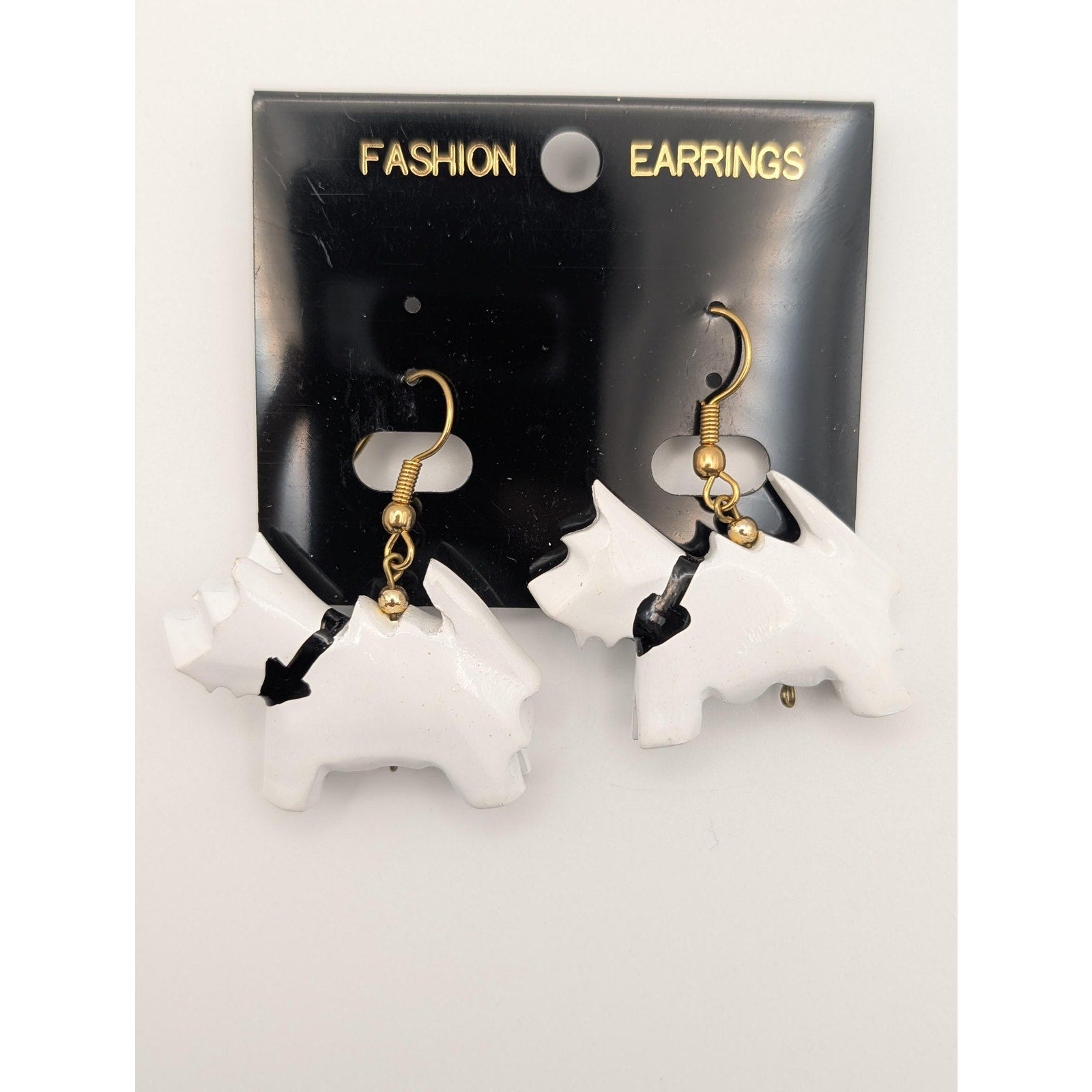 White Wooden Scottie Dog Dangle Earrings - Hand Painted Scottish Terrier Jewelry