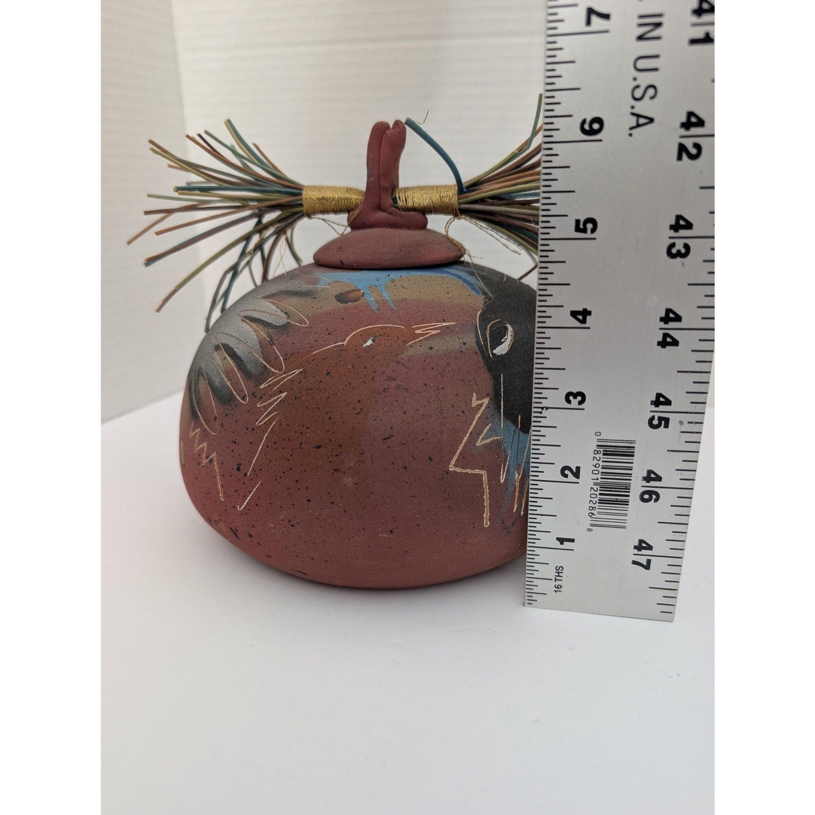 Laura Ross Studio Pottery Lidded Vessel Pine Needle Lid Raven Bird Motif Mixed Media Ceramic Jar Signed Art Pottery Southwest Decor