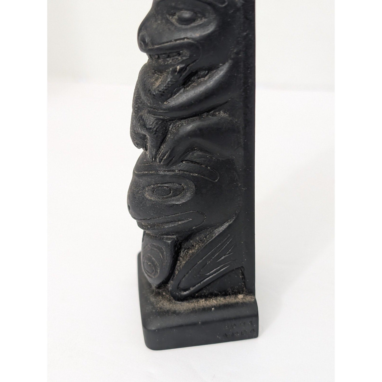 Vintage Totem Pole Figurine Black Resin Stone Eagle Bear Frog Sculpture Canada