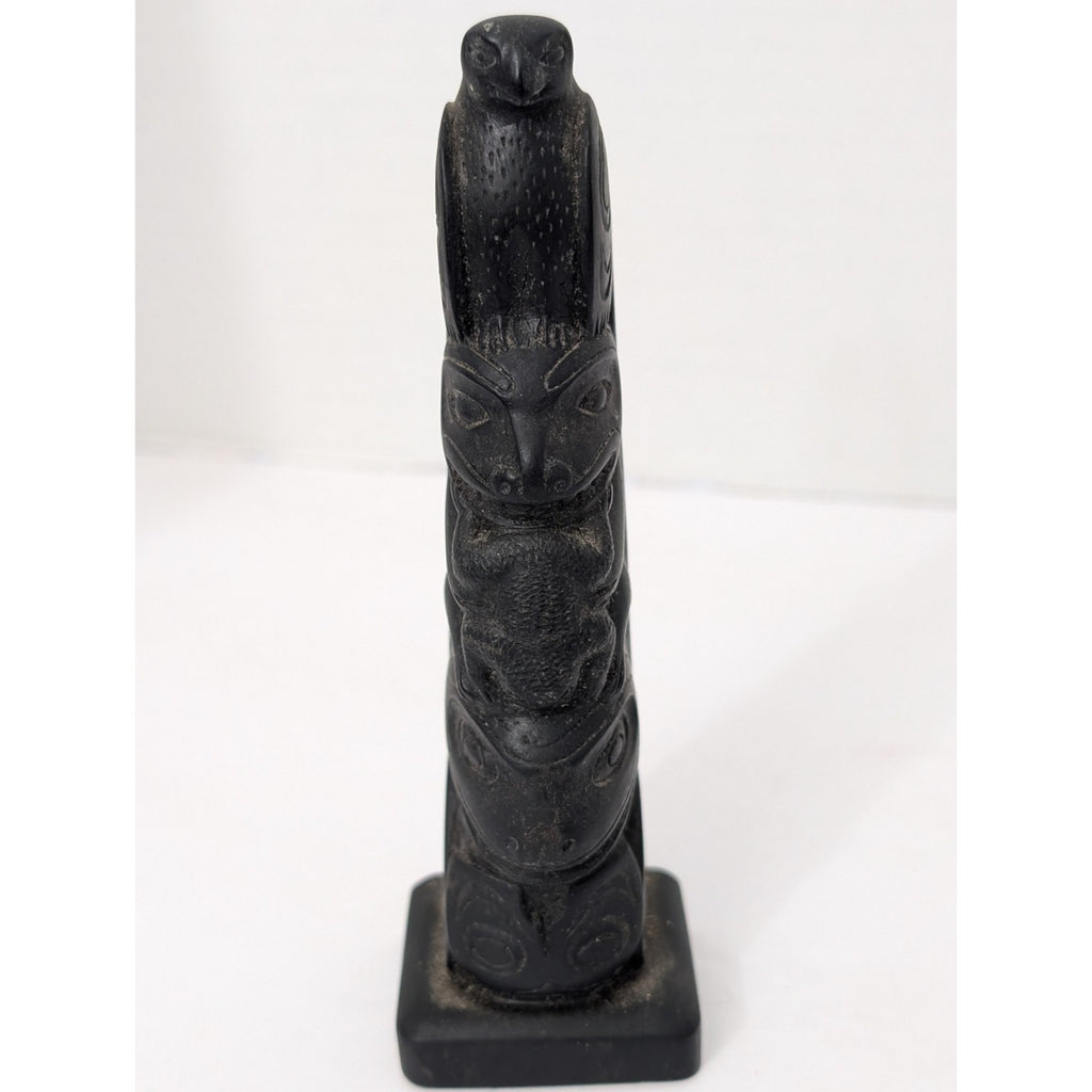 Vintage Totem Pole Figurine Black Resin Stone Eagle Bear Frog Sculpture Canada