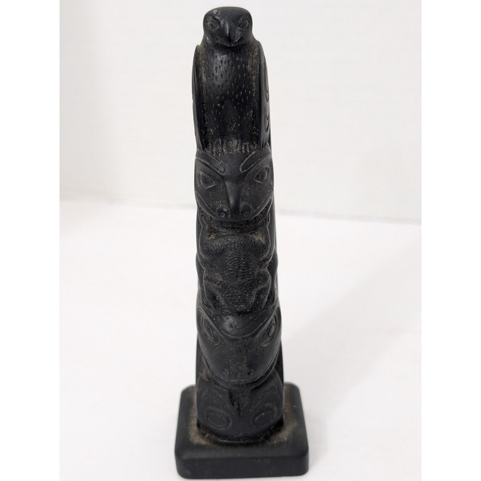 Vintage Totem Pole Figurine Black Resin Stone Eagle Bear Frog Sculpture Canada