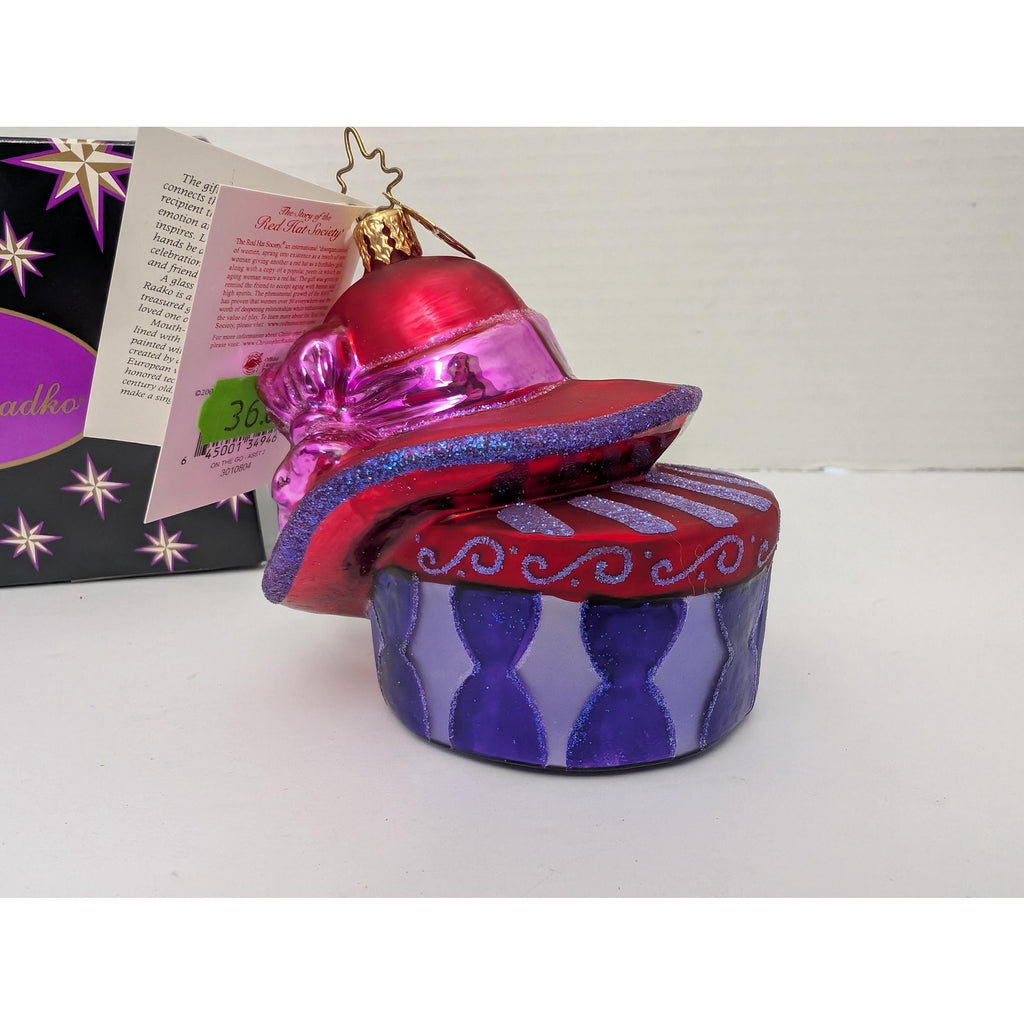 Christopher Radko On The Go Red Hat Society Glass Ornament Boxed Hatbox