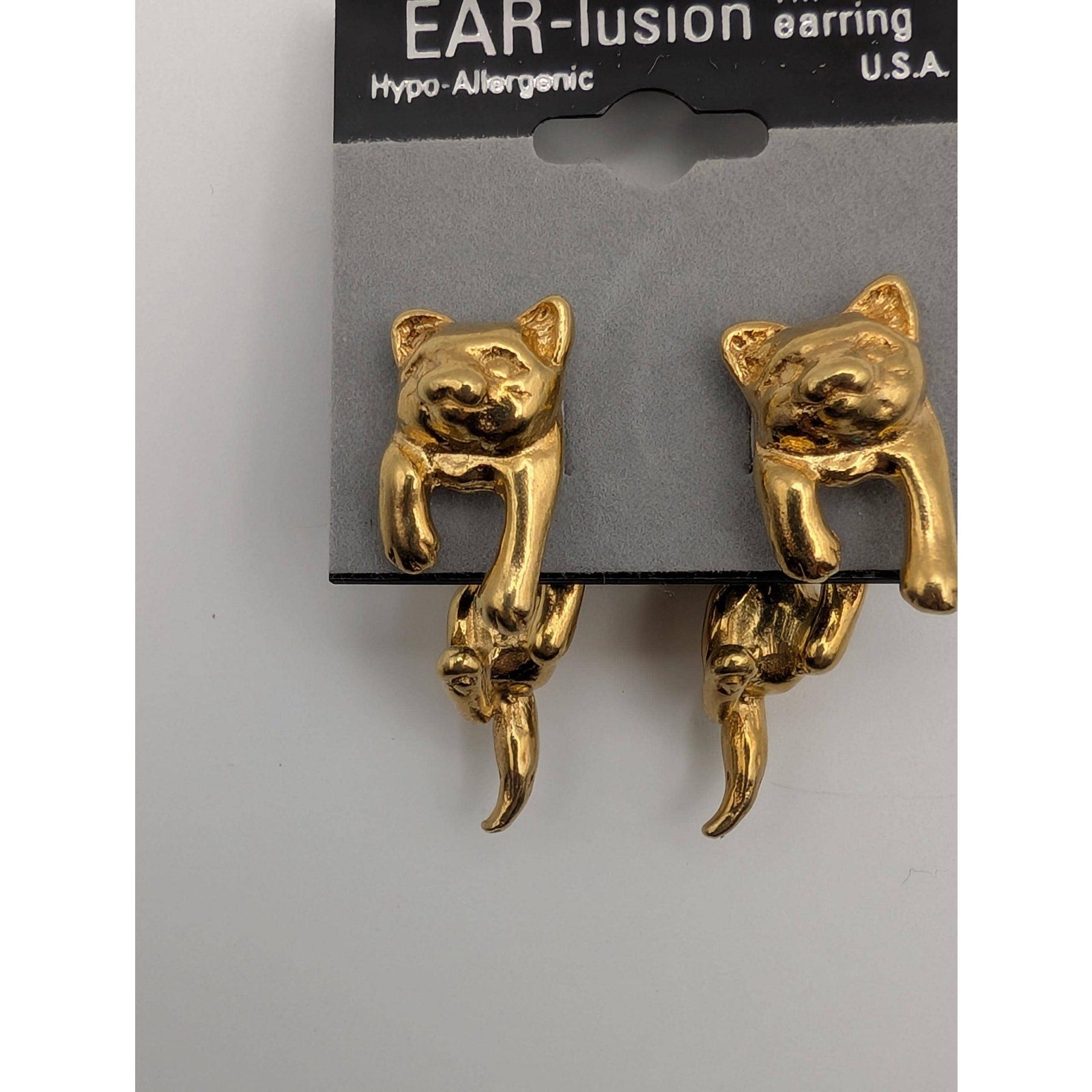 Vintage Gold Cat EAR-lusion Earrings - Whimsical Front and Back Illusion Studs