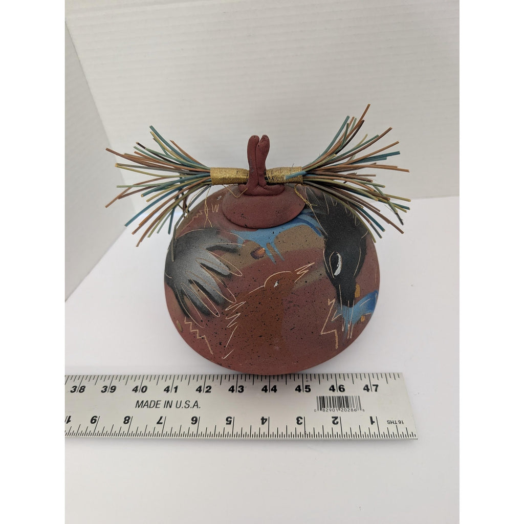 Laura Ross Studio Pottery Lidded Vessel Pine Needle Lid Raven Bird Motif Mixed Media Ceramic Jar Signed Art Pottery Southwest Decor