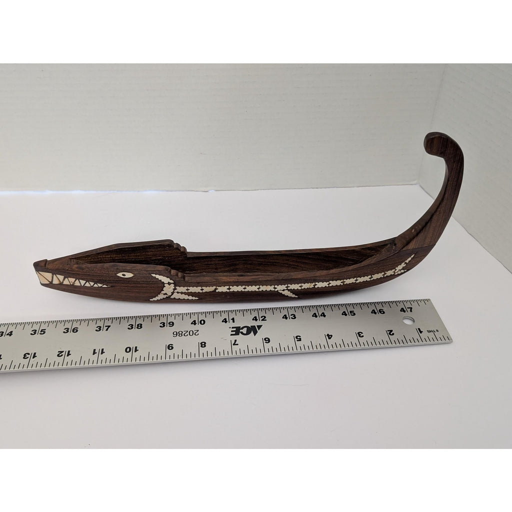 Hand-Carved Solomon Islands Tribal Spirit Boat Rosewood with Shell Inlay Crocodile/Sea Spirit Motif