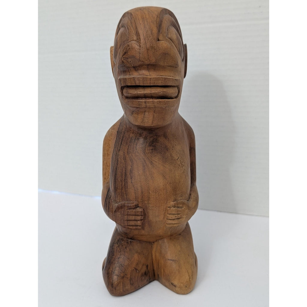 Vintage Hand Carved Two Tone Wood Kneeling Tiki Figurine Polynesian Tribal Art