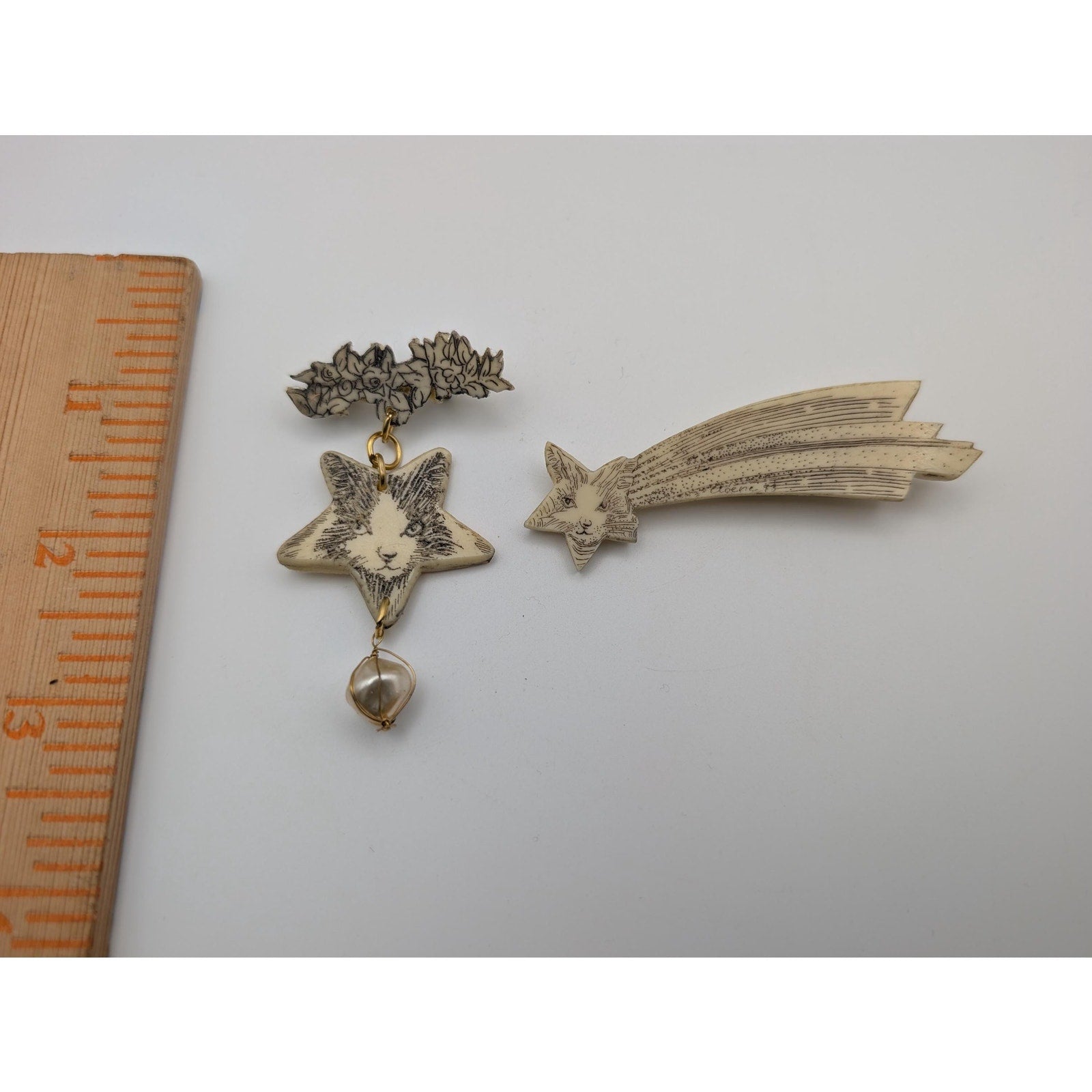Vintage Cloene Signed Faux Scrimshaw Cat Star Brooch Pin Lot Celestial Feline Resin