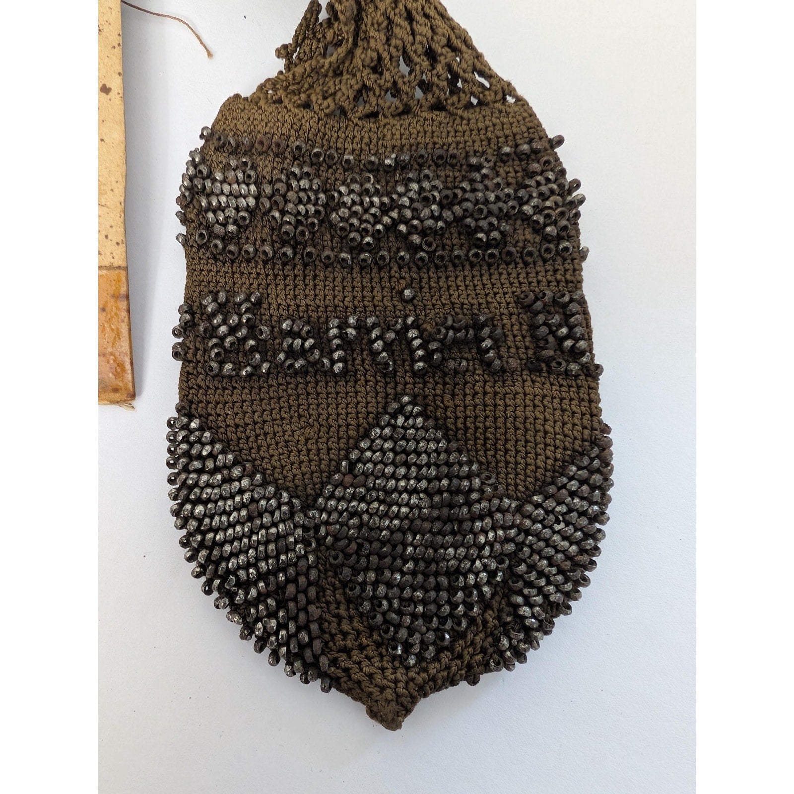 Antique Victorian Miser Purse Harriet King Provenance Hand Beaded Crochet Stocking Bag