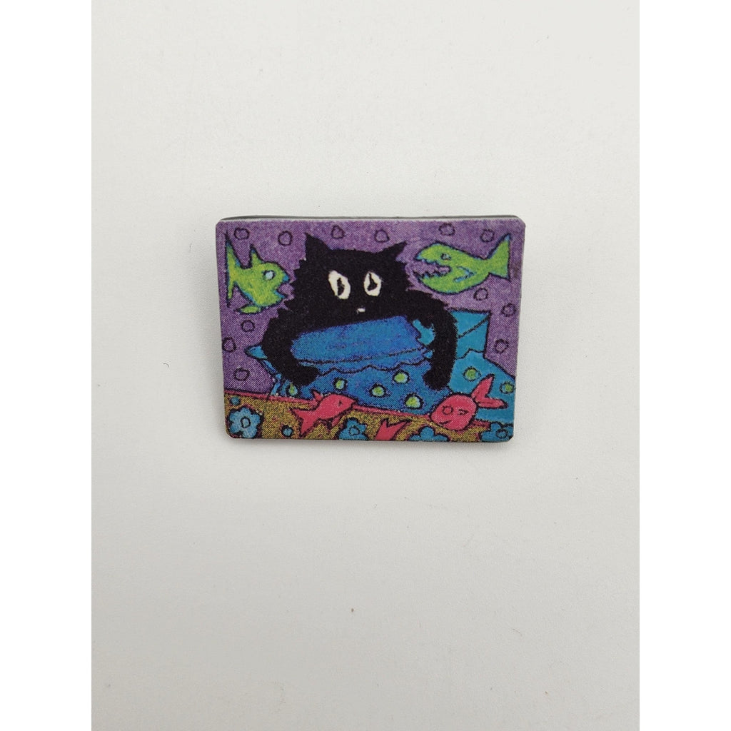 Vintage DVS Signed Black Cat Fishbowl Plastic Brooch Pin Hand Painted Whimsical Artwork