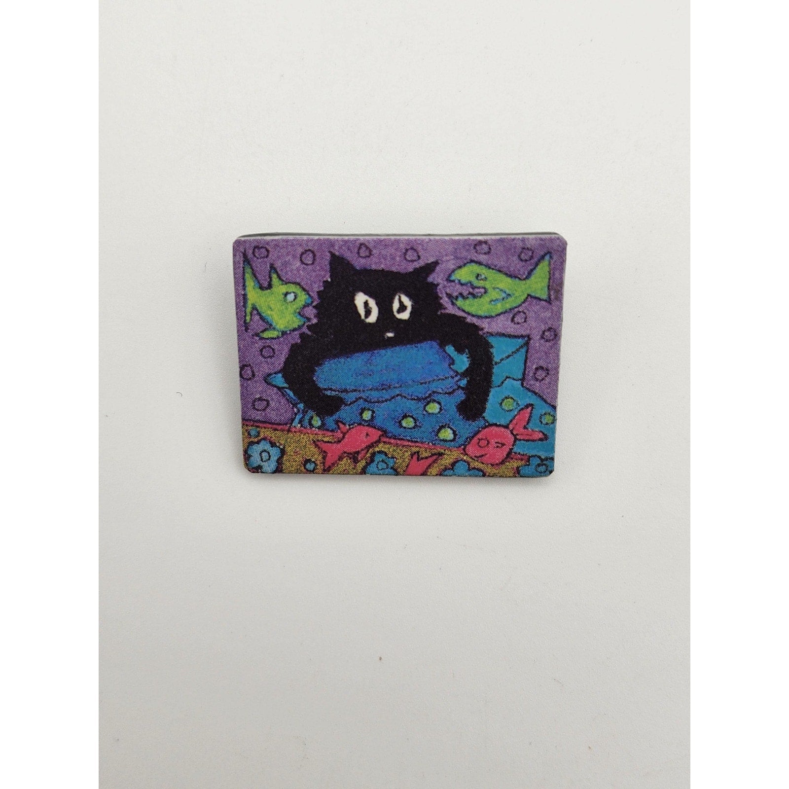 Vintage DVS Signed Black Cat Fishbowl Plastic Brooch Pin Hand Painted Whimsical Artwork