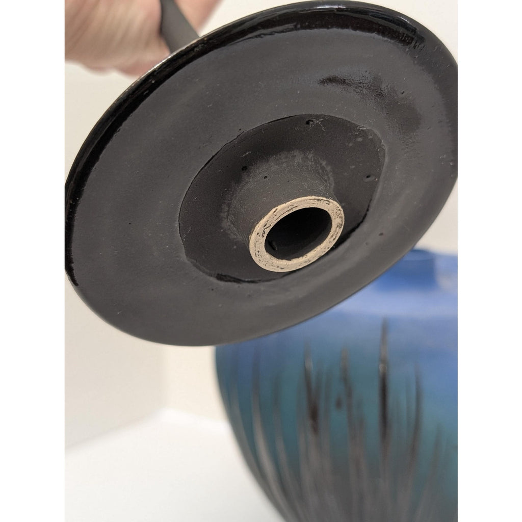 Modernist Studio Art Pottery Lidded Vessel Ombre Blue Sgraffito Grass Tall Spire Finial Signed