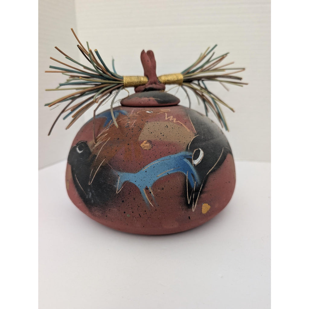 Laura Ross Studio Pottery Lidded Vessel Pine Needle Lid Raven Bird Motif Mixed Media Ceramic Jar Signed Art Pottery Southwest Decor
