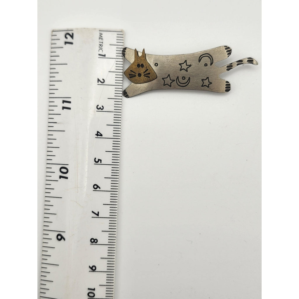 Vintage Mixed Metal Celestial Cat Brooch Pin Brass Silver Tone Moon Stars Whimsical
