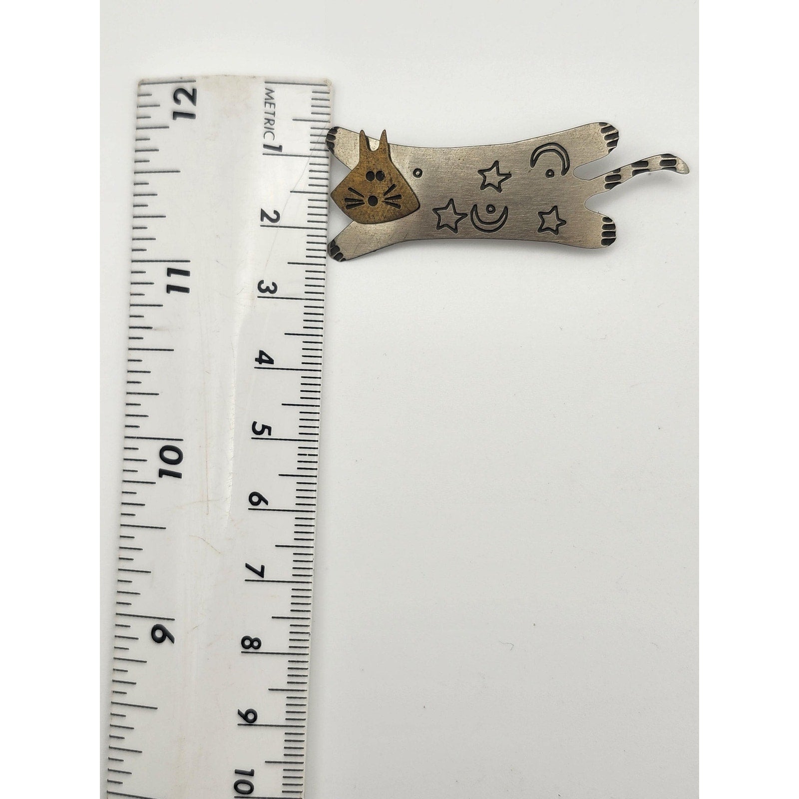 Vintage Mixed Metal Celestial Cat Brooch Pin Brass Silver Tone Moon Stars Whimsical