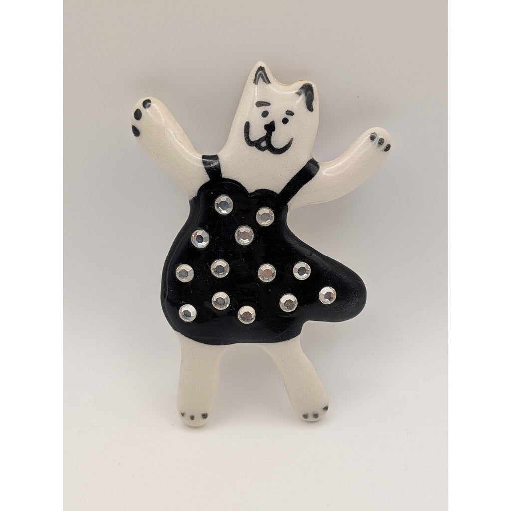 Whimsical Ceramic Dancing Cat Pin White and Black Rhinestone Polka Dot Dress