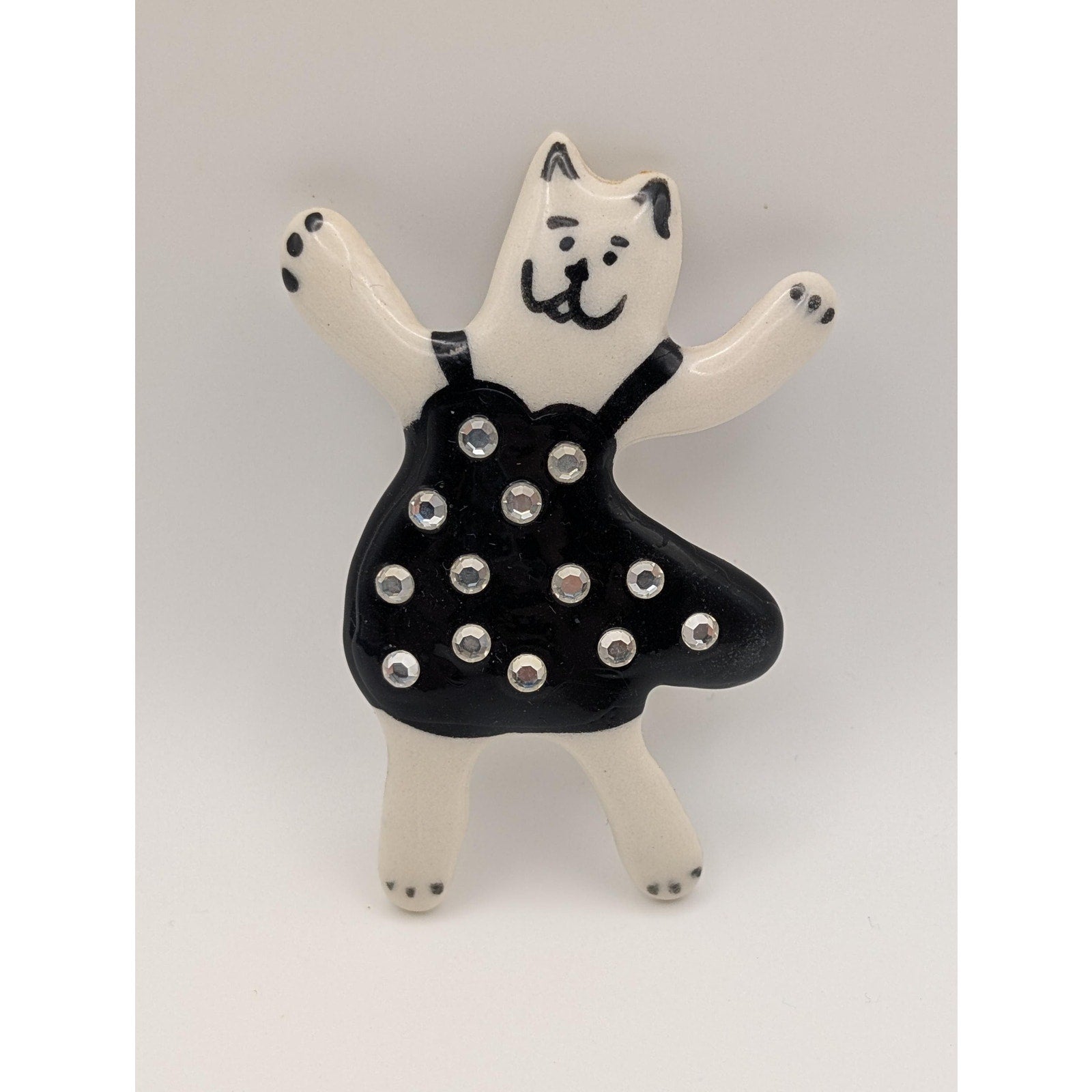 Whimsical Ceramic Dancing Cat Pin White and Black Rhinestone Polka Dot Dress