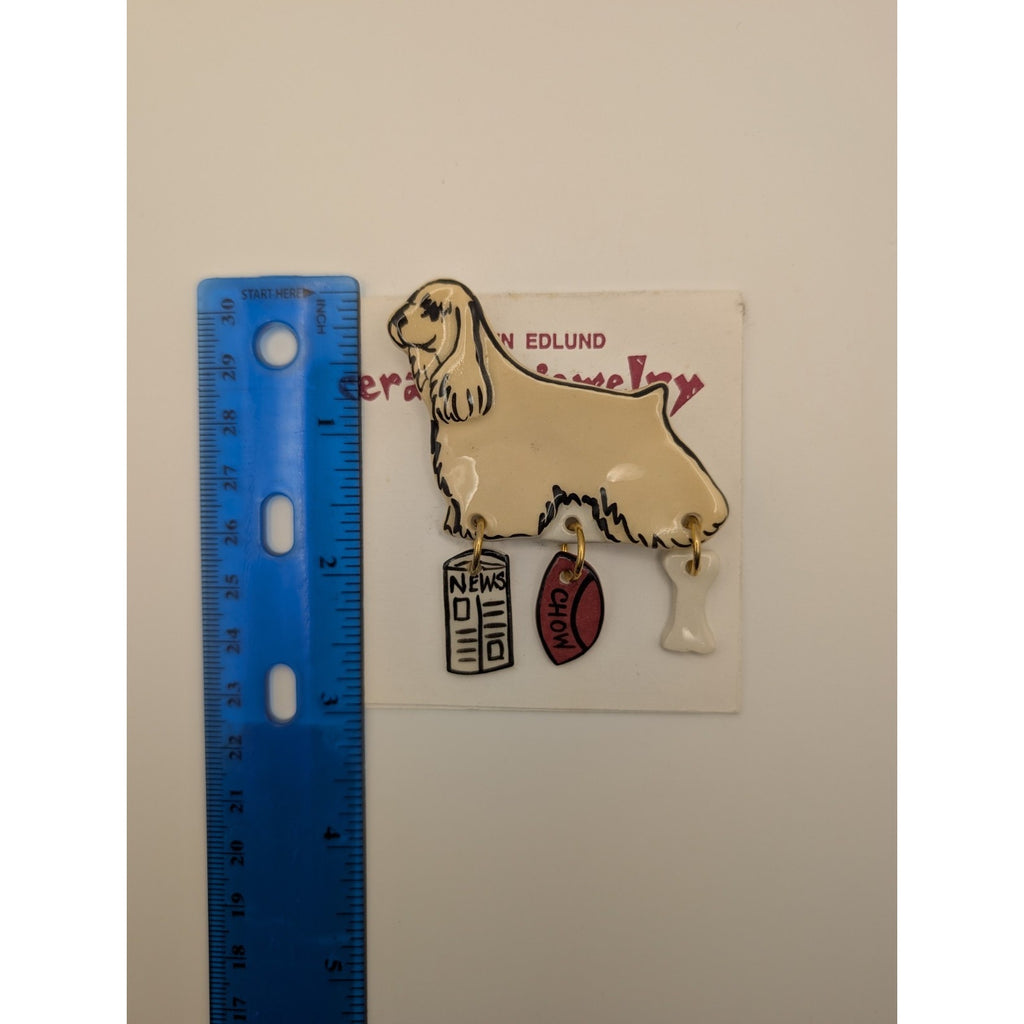 Signed Carolyn Edlund Handcrafted Ceramic Cocker Spaniel Dog Brooch with Dangles