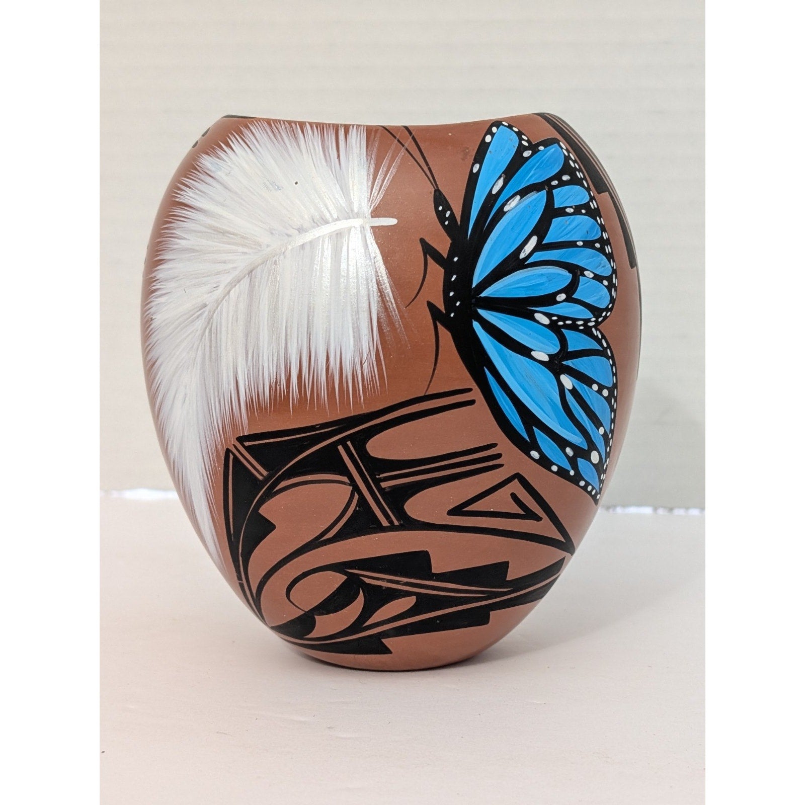 Jemez Pueblo Pottery Vase Blue Butterfly Feather MT Chinana Hand Painted Native