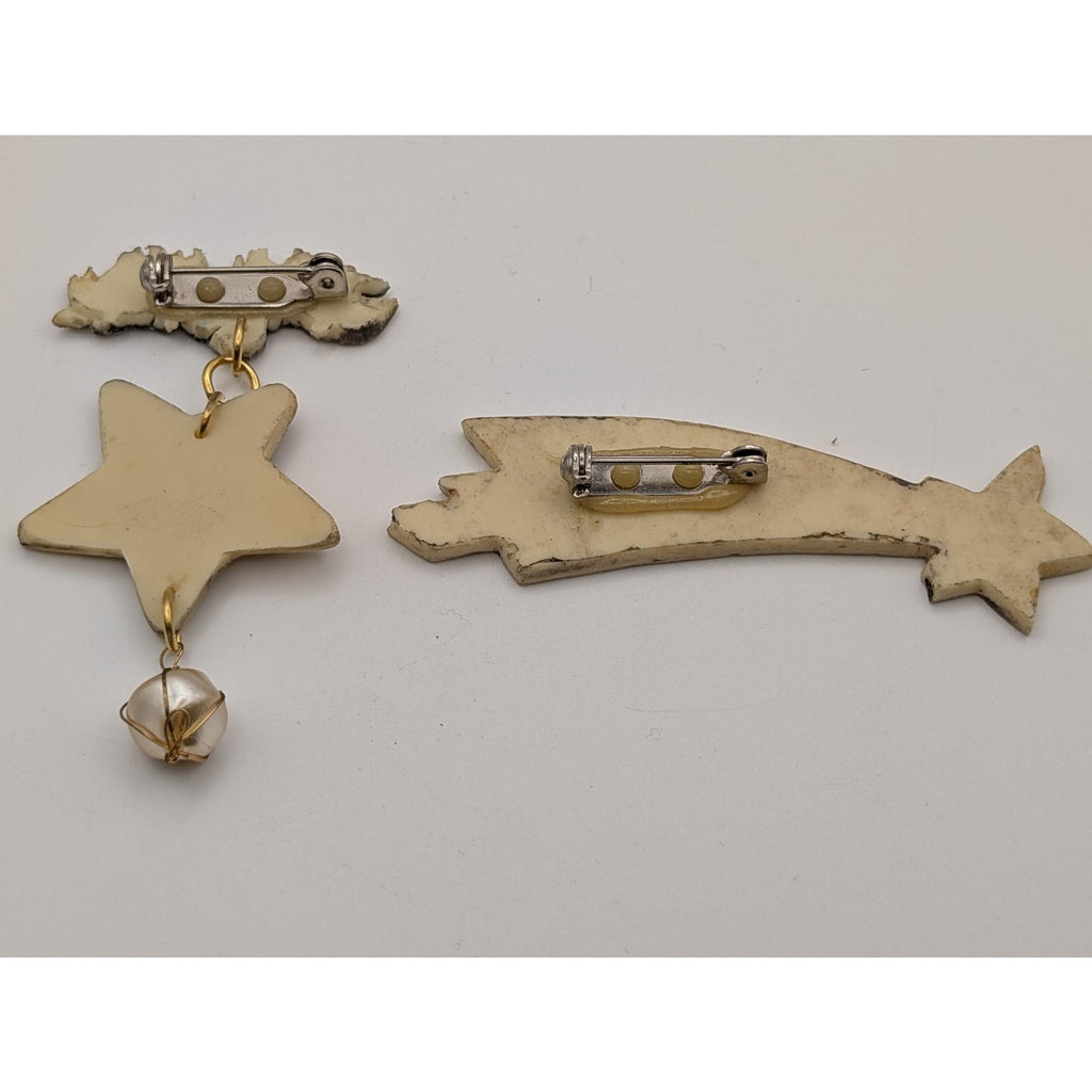 Vintage Cloene Signed Faux Scrimshaw Cat Star Brooch Pin Lot Celestial Feline Resin