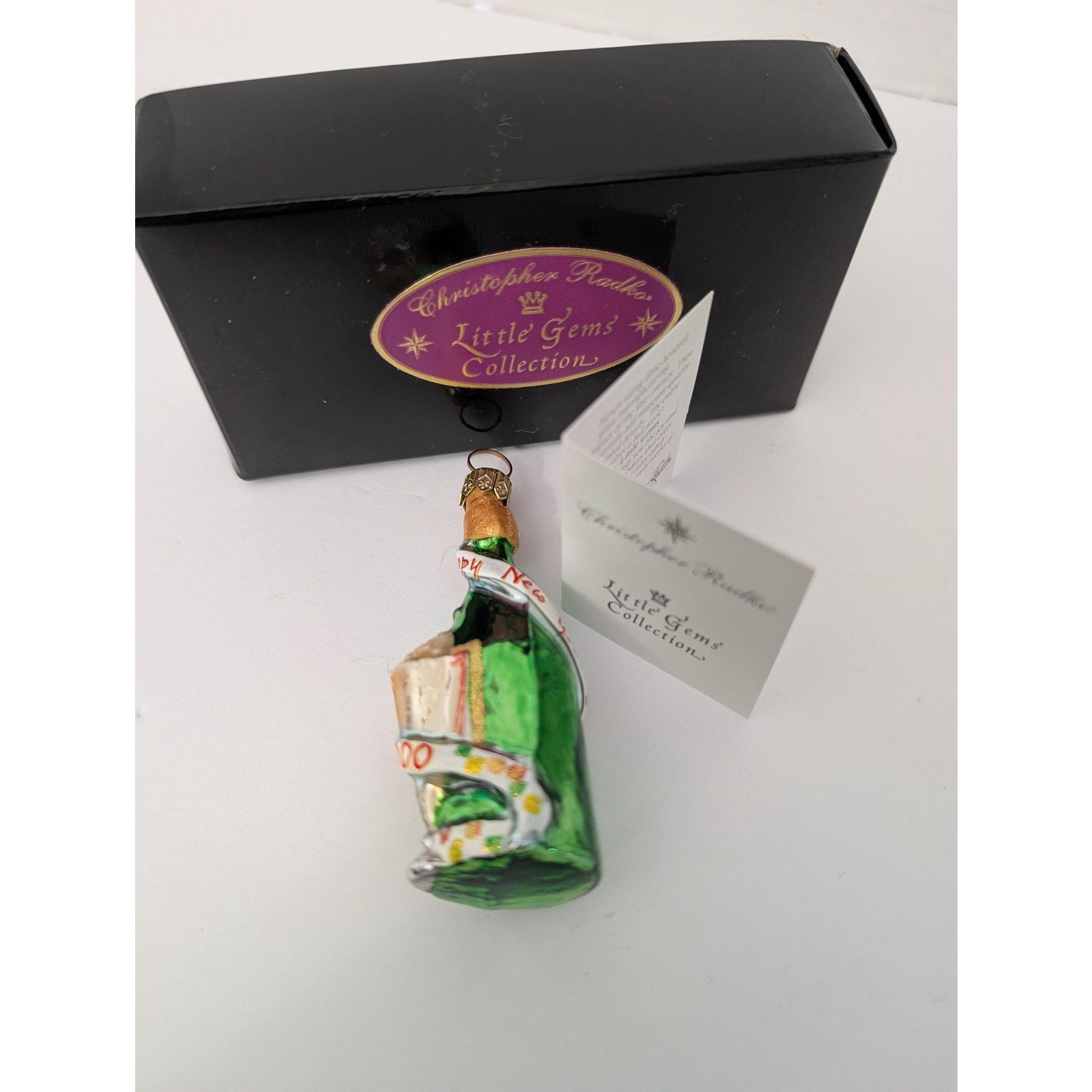 2000 Christopher Radko "Little Gems" Champagne Bottle Glass Ornament Happy New Year