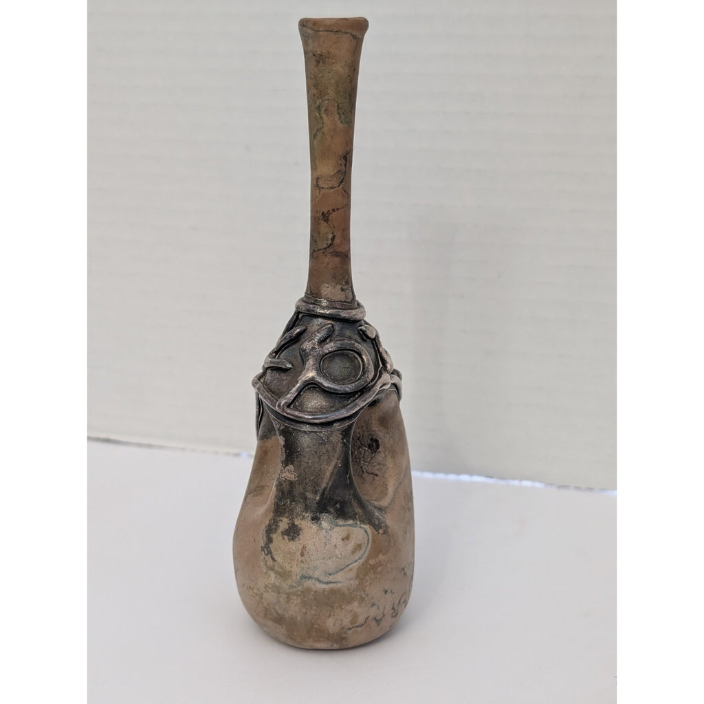 Vintage Art Glass Donut Hole Bud Vase with Metallic Overlay Abstract Design