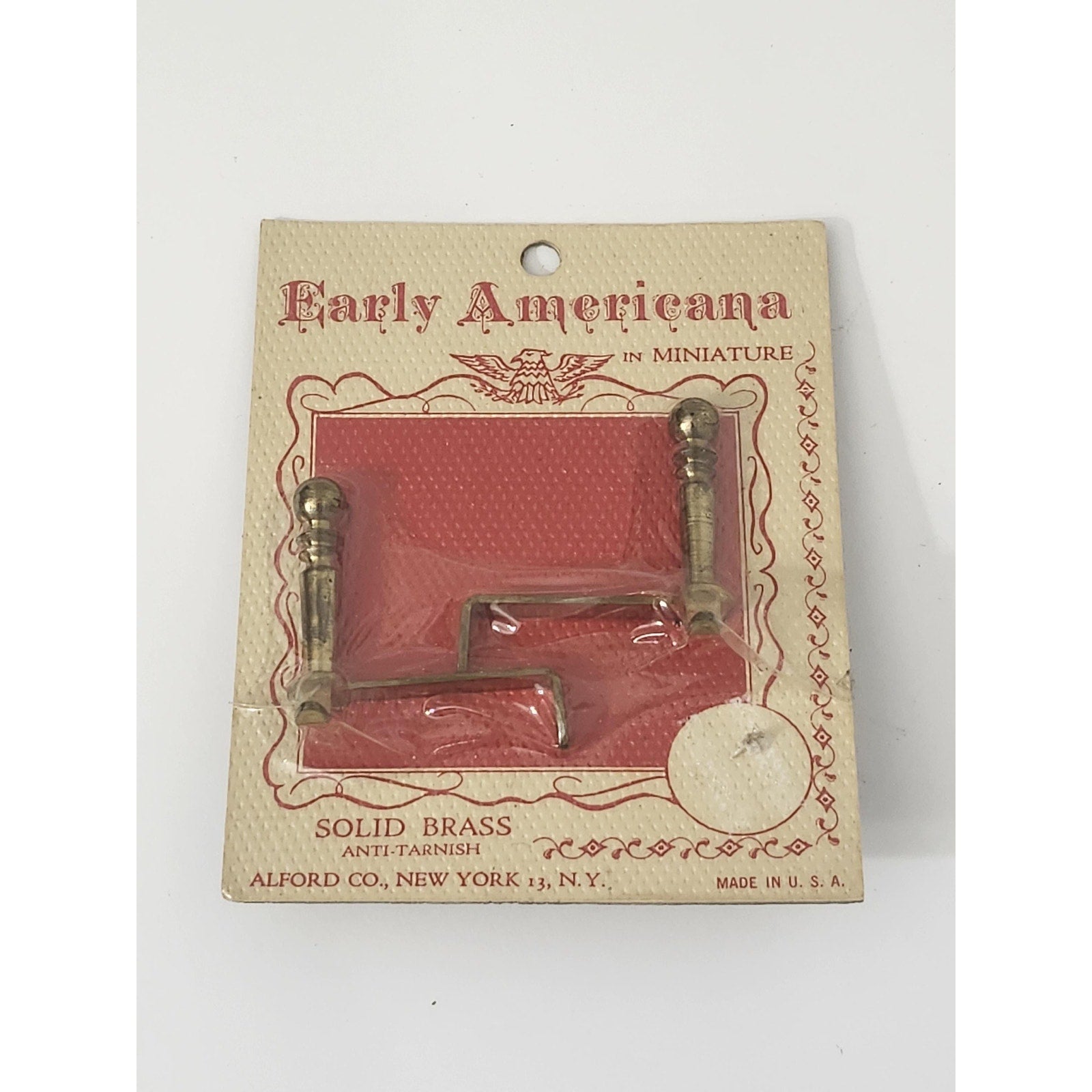 Vintage Early Americana Miniatures Solid Brass Andirons Toy Alford Co New