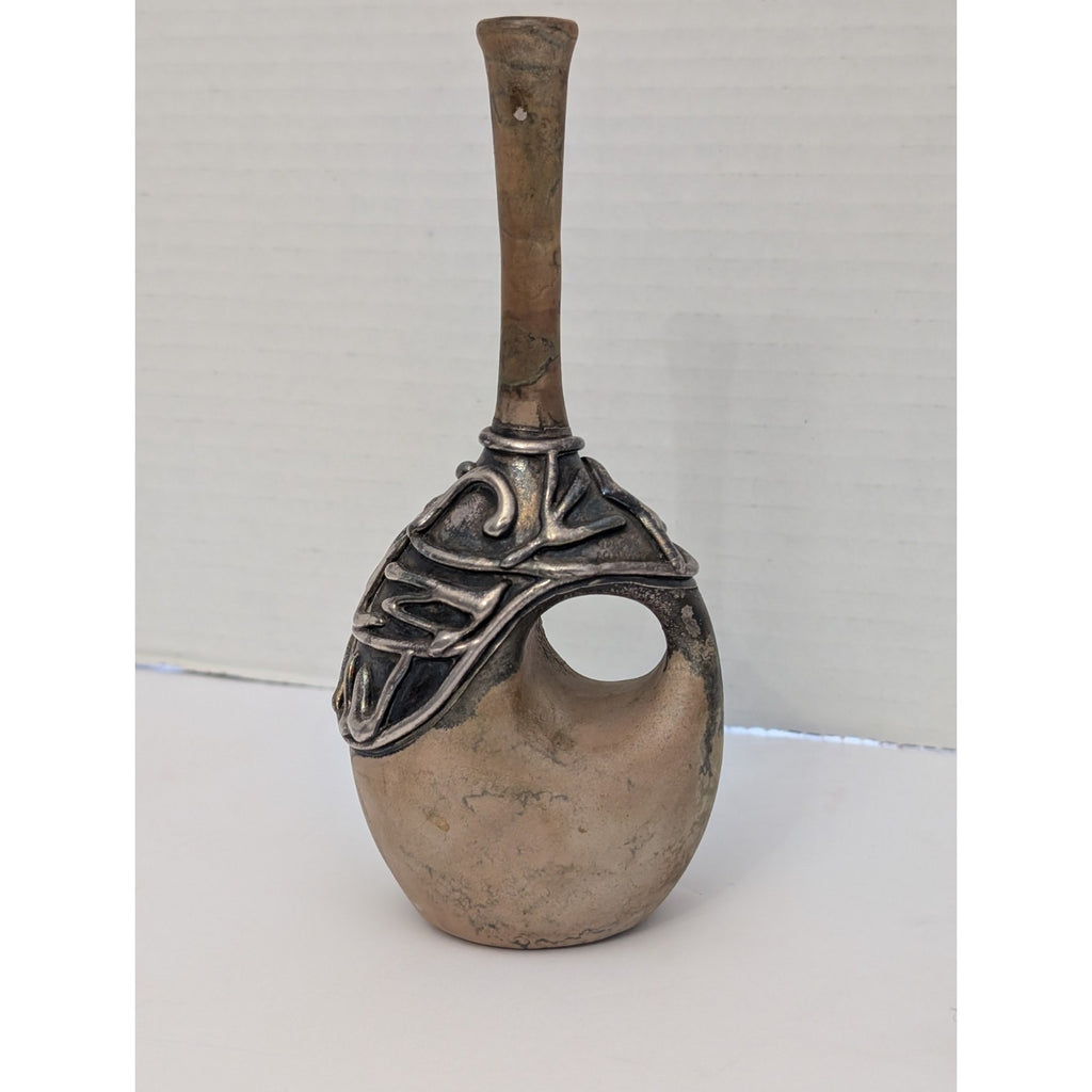 Vintage Art Glass Donut Hole Bud Vase with Metallic Overlay Abstract Design