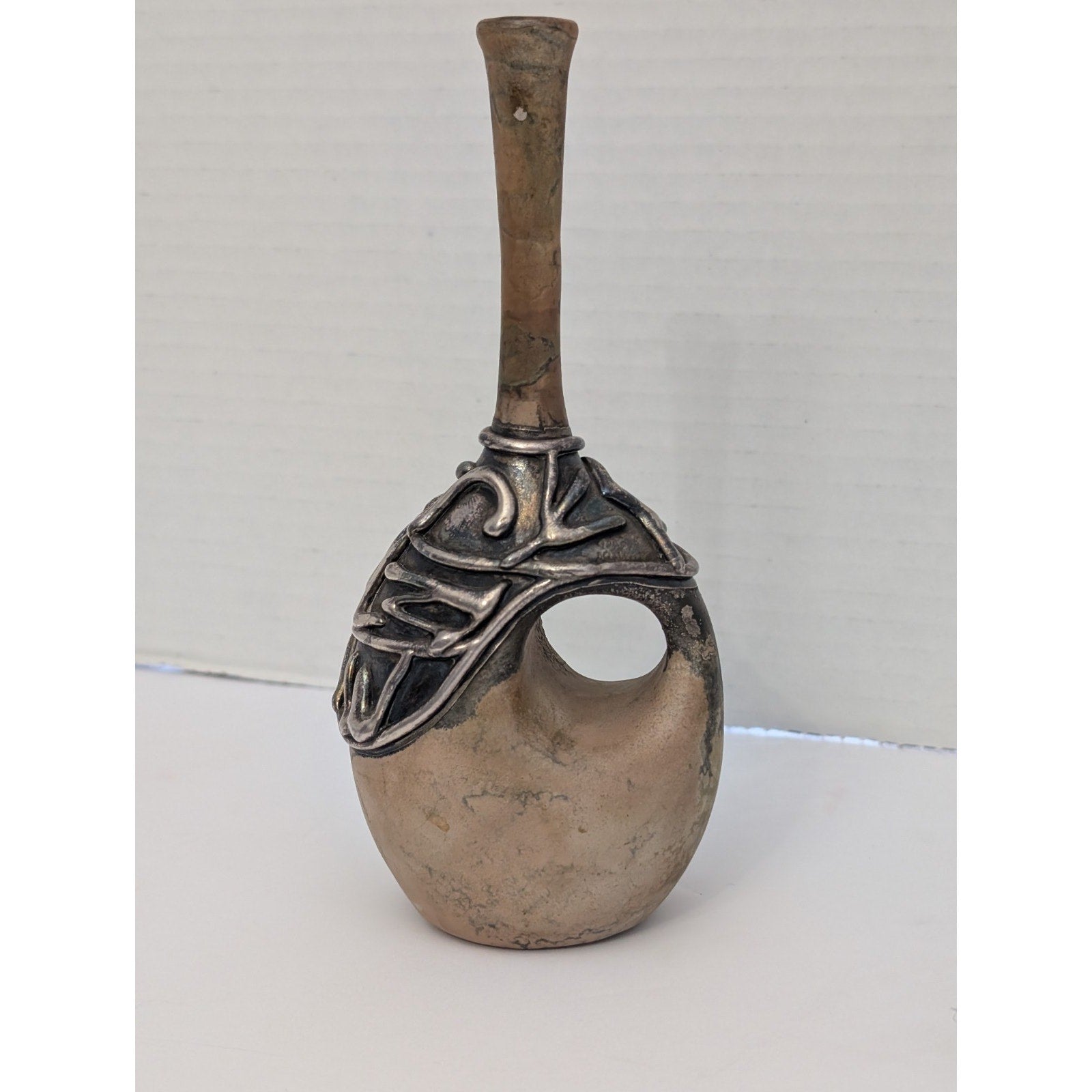 Vintage Art Glass Donut Hole Bud Vase with Metallic Overlay Abstract Design
