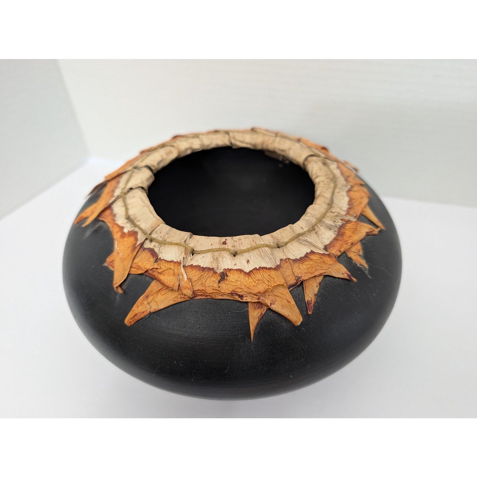 Smoke Fired Stoneware Dracena Vase Michael Christine Adcock Studio Pottery Woven Fiber Art Ceramic Bowl Black Signed